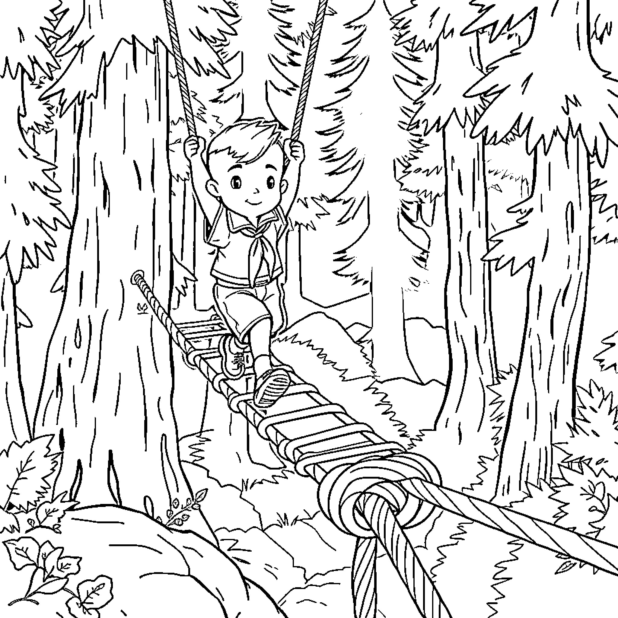 Cub Scout crossing forest suspension bridge Coloring Page (free black-and-white line drawing printable PDF for all, from beginners to advanced learners, including children, teens, adults, and seniors)