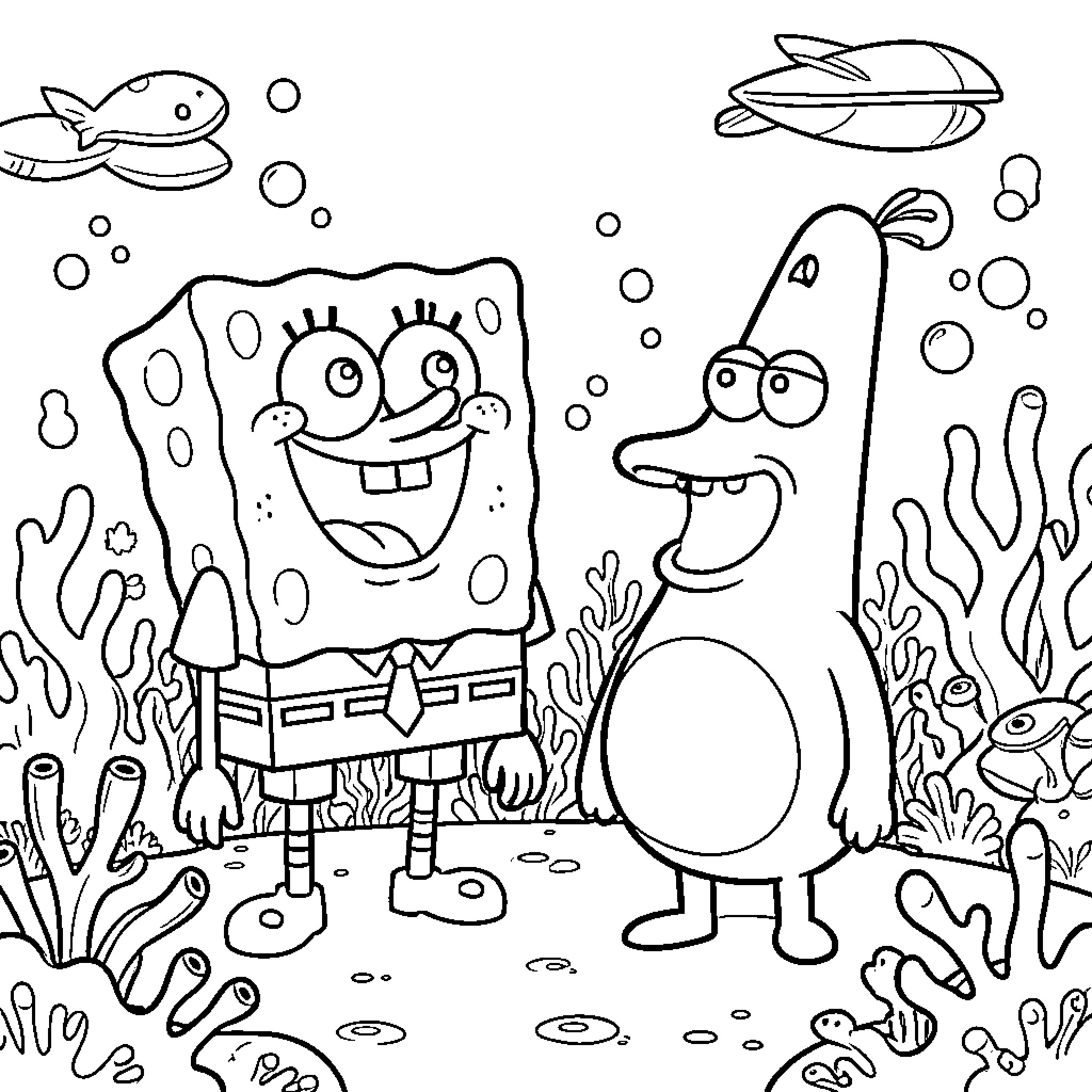Spongebob and Patrick in an Underwater Adventure Coloring Page (free black-and-white line drawing printable PDF for all, from beginners to advanced learners, including children, teens, adults, and seniors)
