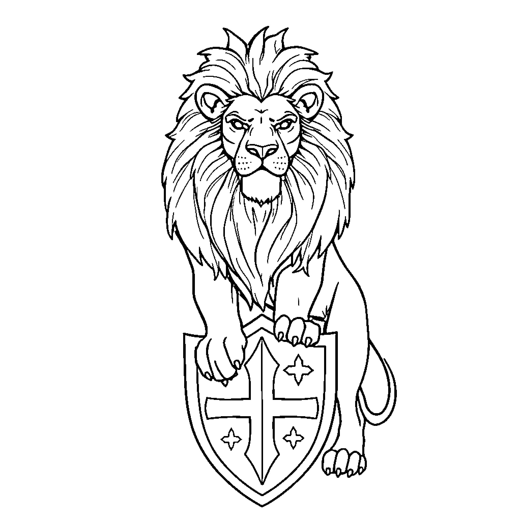 Lion with a shield displaying a cross Coloring Page (free black-and-white line drawing printable PDF for all, from beginners to advanced learners, including children, teens, adults, and seniors)
