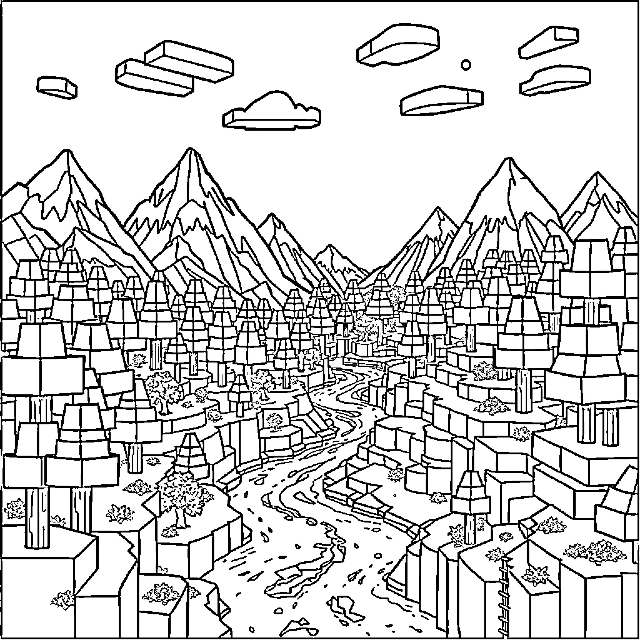 Minecraft Mountain Village with Floating Blocks Coloring Page (free black-and-white line drawing printable PDF for all, from beginners to advanced learners, including children, teens, adults, and seniors)