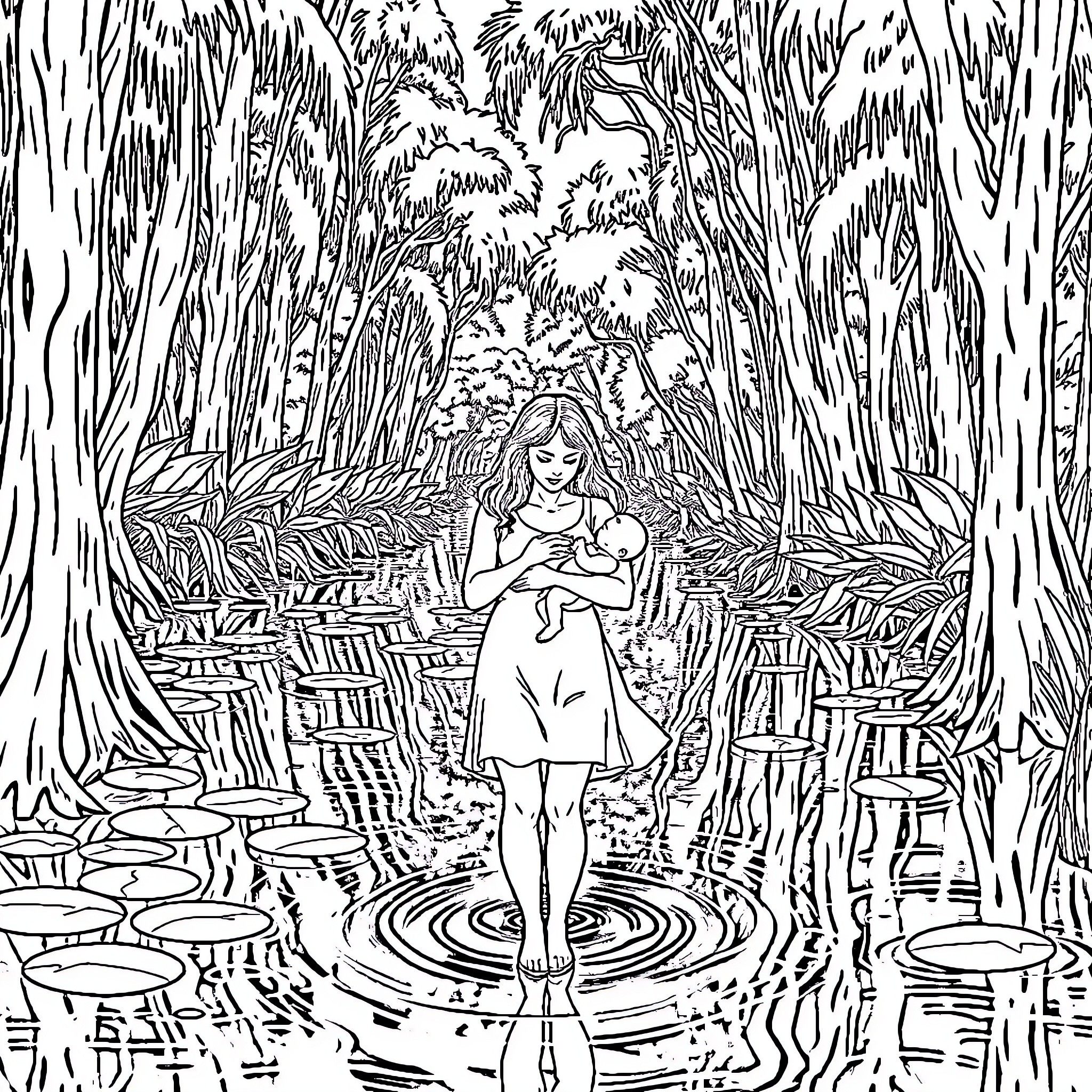 Woman standing in a serene forest scene Coloring Page (free black-and-white line drawing printable PDF for all, from beginners to advanced learners, including children, teens, adults, and seniors)
