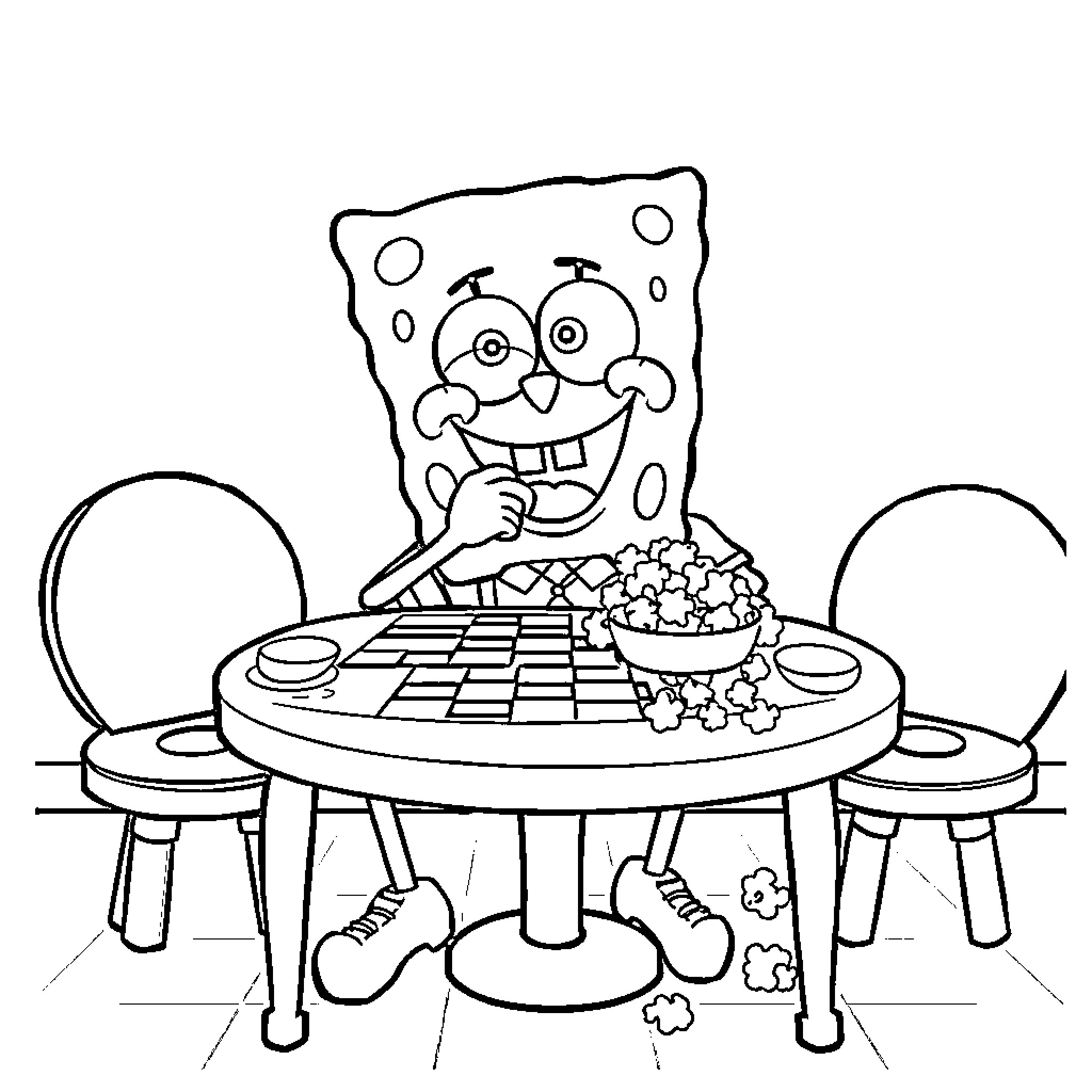Doodlebob enjoys a tasty snack at the table Coloring Page (free black-and-white line drawing printable PDF for all, from beginners to advanced learners, including children, teens, adults, and seniors)
