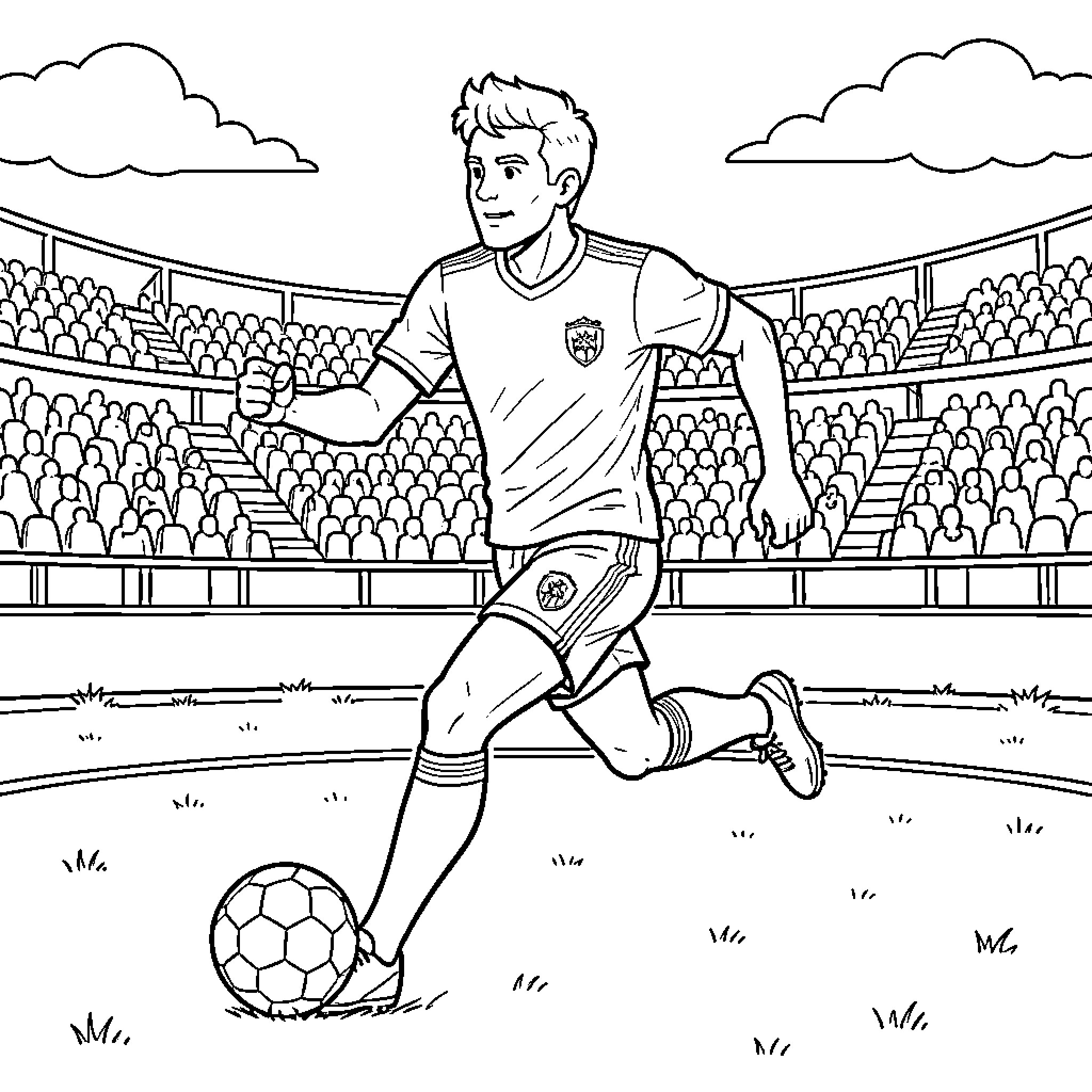 Football Player dribbling a ball in a crowded stadium Coloring Page (free black-and-white line drawing printable PDF for all, from beginners to advanced learners, including children, teens, adults, and seniors)