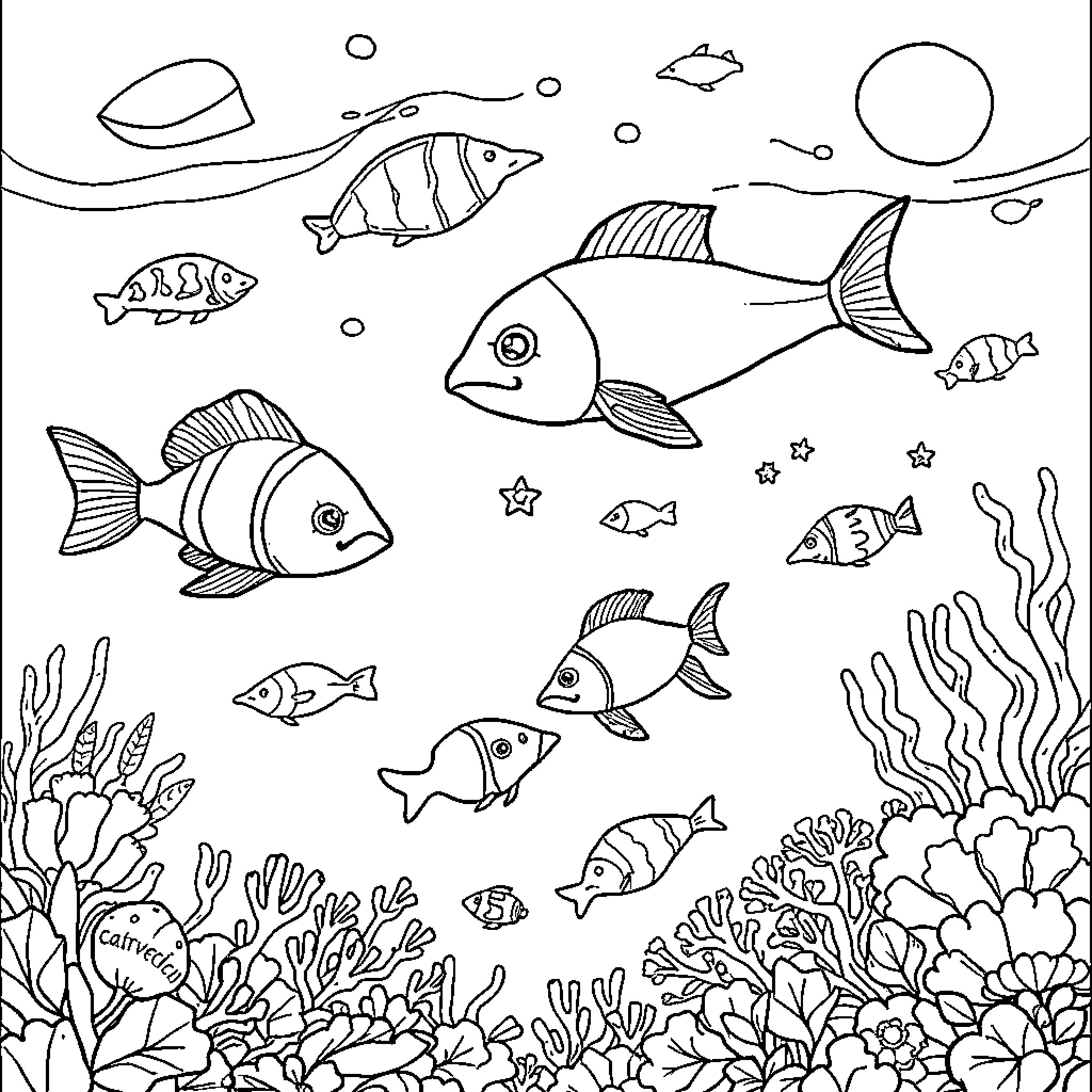 Sea Creature Underwater Scene with Diverse Fish and Coral Coloring Page (free black-and-white line drawing printable PDF for all, from beginners to advanced learners, including children, teens, adults, and seniors)