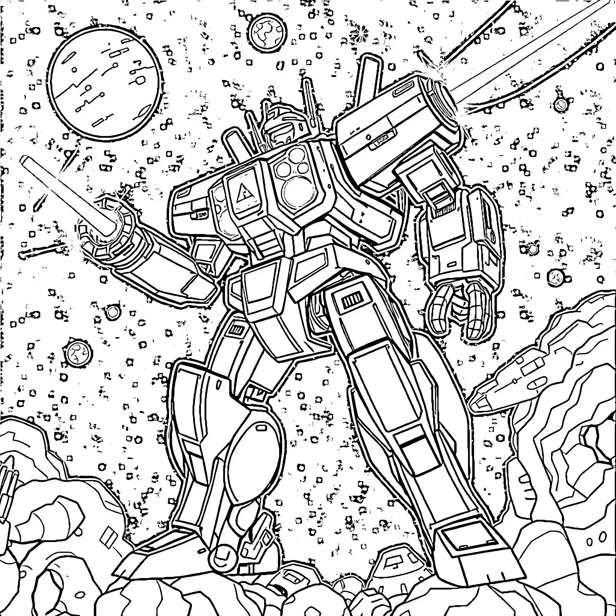 Goldorak in epic mech battle against the elements Coloring Page (free black-and-white line drawing printable PDF for all, from beginners to advanced learners, including children, teens, adults, and seniors)