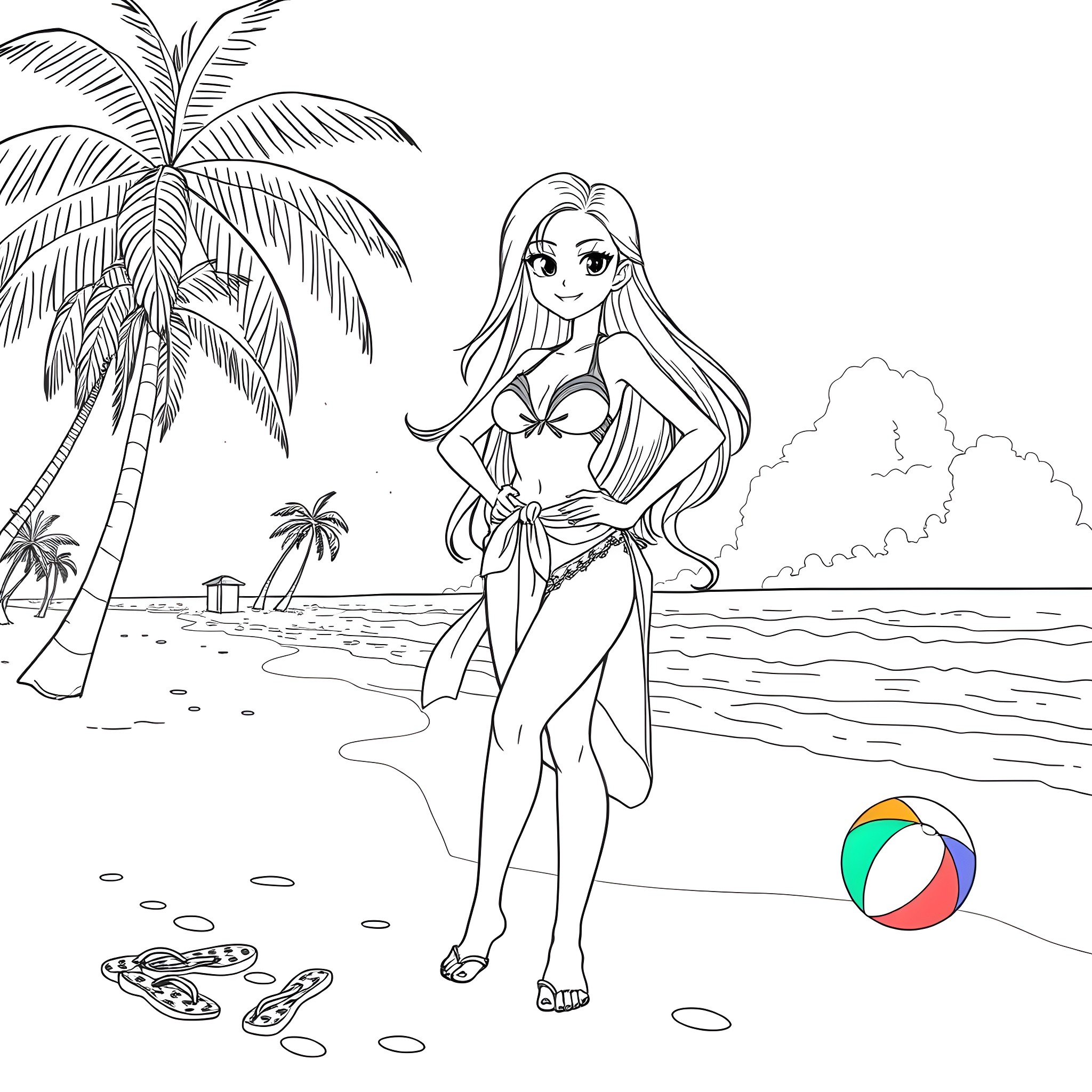 Manga Girl Enjoying a Beach Day Coloring Page (free black-and-white line drawing printable PDF for all, from beginners to advanced learners, including children, teens, adults, and seniors)