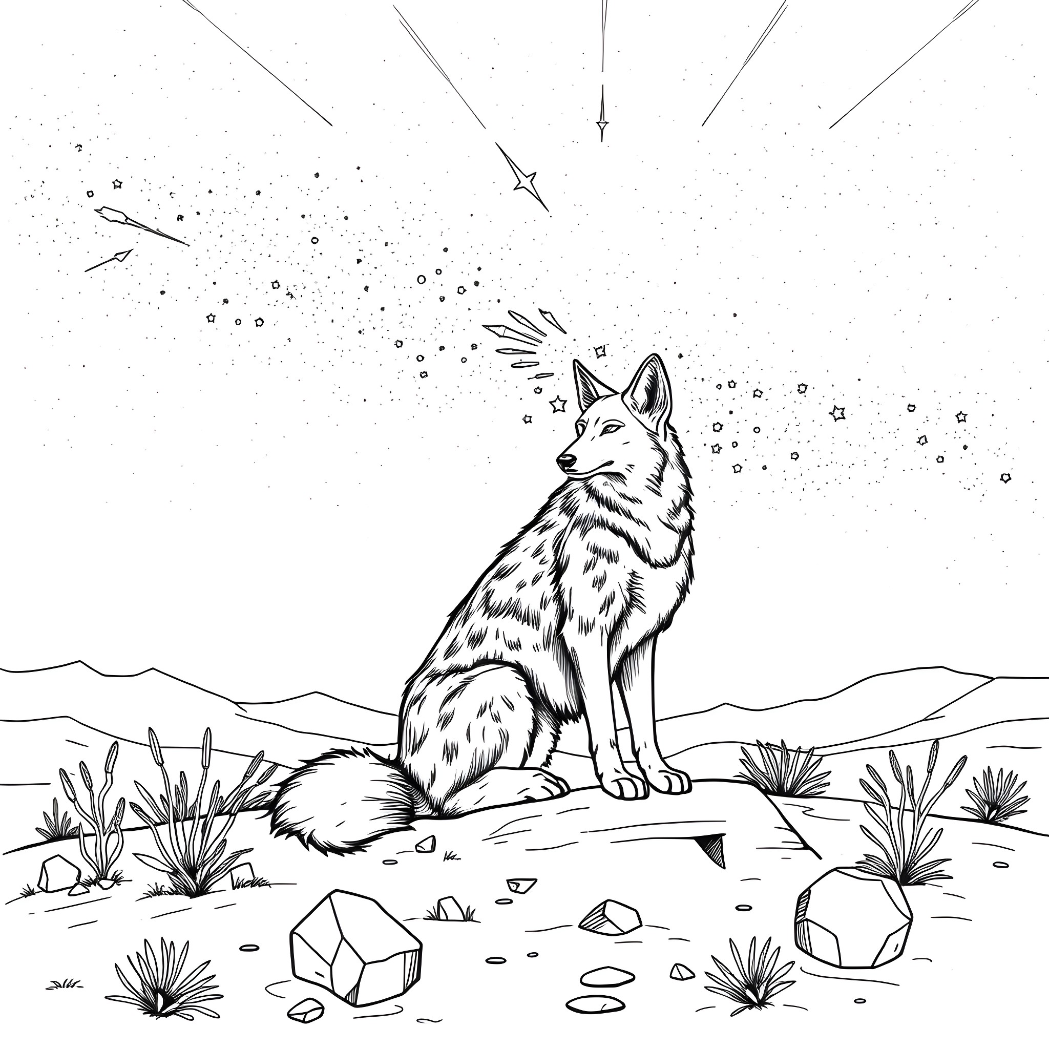 Coyote gazing at the starry night sky Coloring Page (free black-and-white line drawing printable PDF for all, from beginners to advanced learners, including children, teens, adults, and seniors)