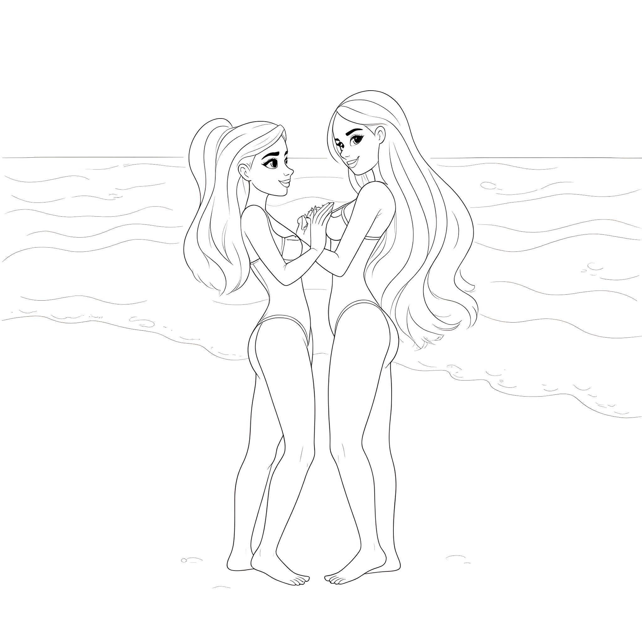 Princess Mermaids Embracing Tenderly in the Ocean Coloring Page (free black-and-white line drawing printable PDF for all, from beginners to advanced learners, including children, teens, adults, and seniors)