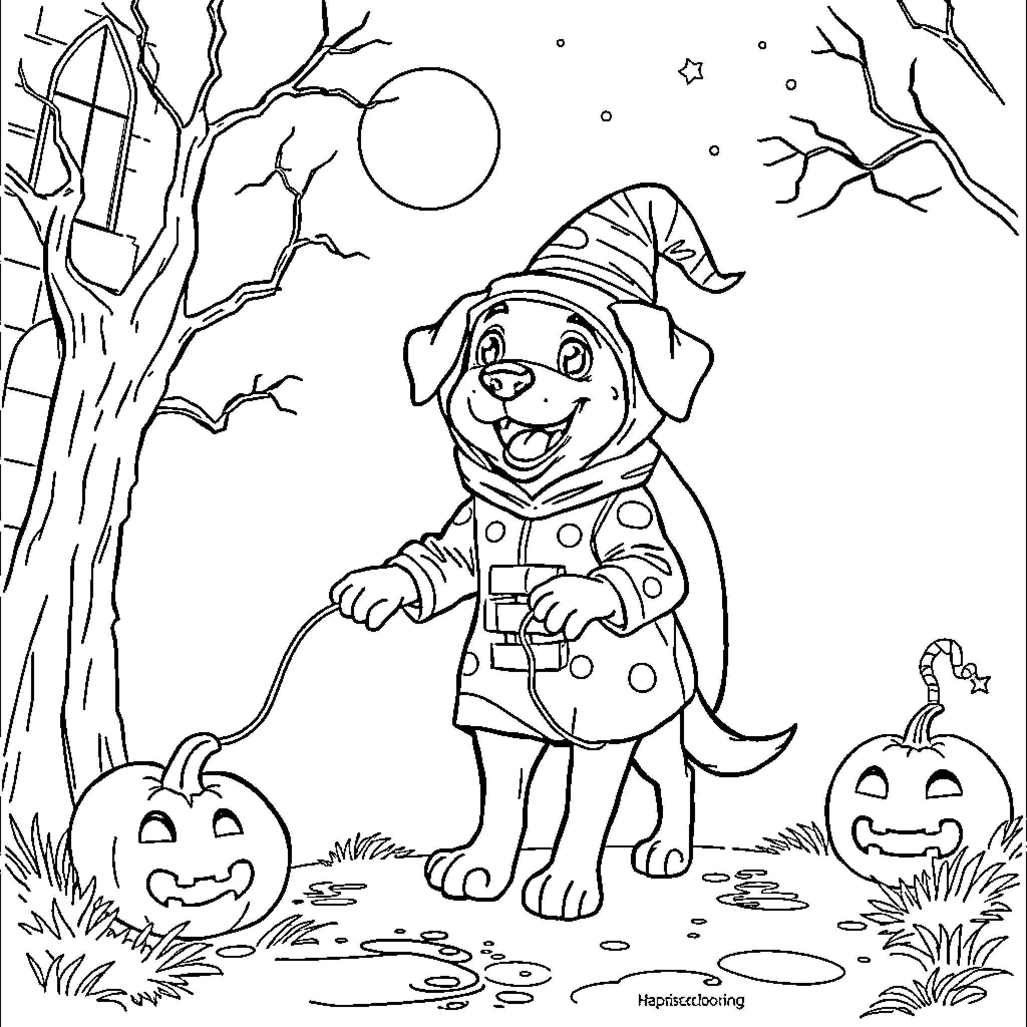 Dog dressed in Halloween costume enjoying autumn night Coloring Page (free black-and-white line drawing printable PDF for all, from beginners to advanced learners, including children, teens, adults, and seniors)