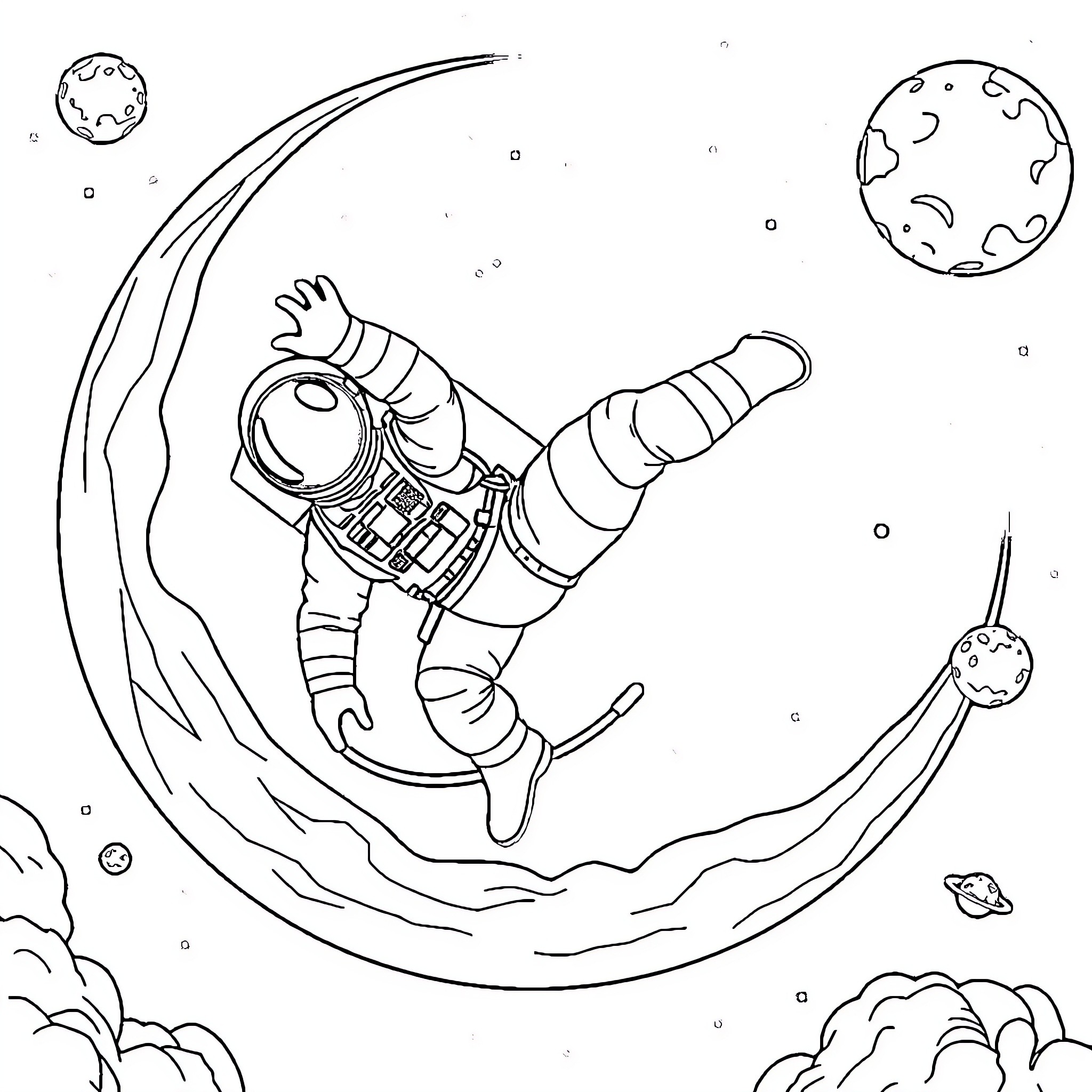 Astronaut floating in space with planets and stars Coloring Page (free black-and-white line drawing printable PDF for all, from beginners to advanced learners, including children, teens, adults, and seniors)