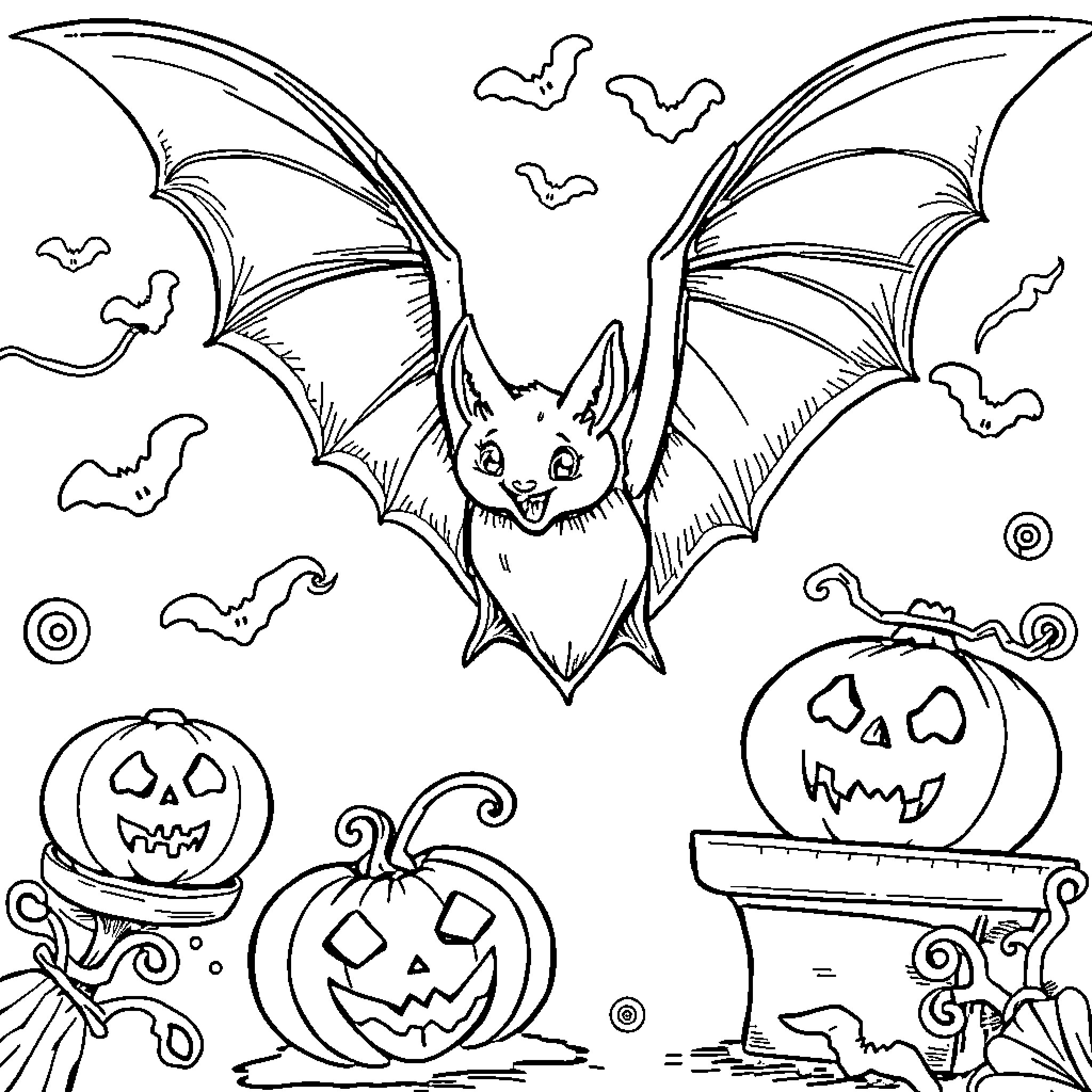 Bat flying amid Halloween decorations Coloring Page (free black-and-white line drawing printable PDF for all, from beginners to advanced learners, including children, teens, adults, and seniors)