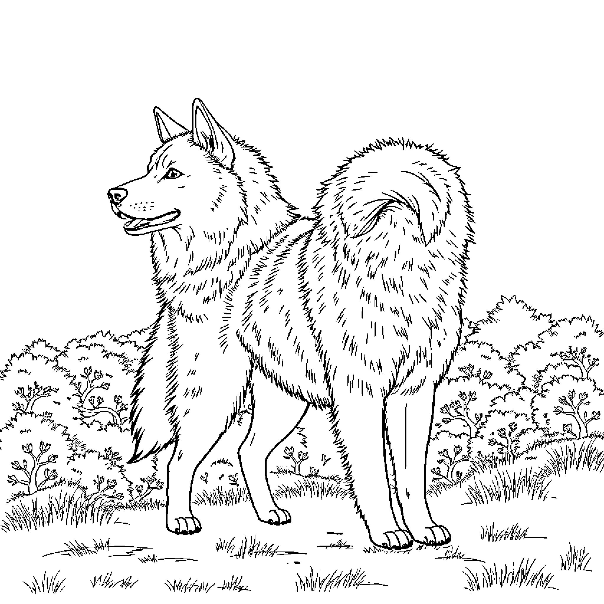 Korean Jindo dog standing in the wilderness Coloring Page (free black-and-white line drawing printable PDF for all, from beginners to advanced learners, including children, teens, adults, and seniors)