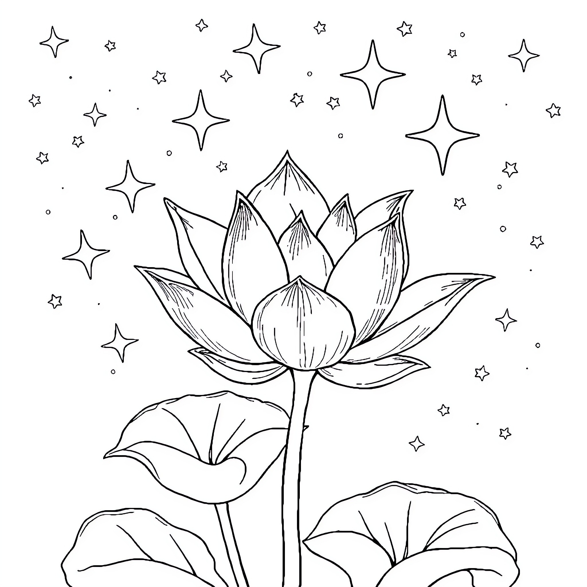 Lotus flower blooming amongst the stars Coloring Page (free black-and-white line drawing printable PDF for all, from beginners to advanced learners, including children, teens, adults, and seniors)