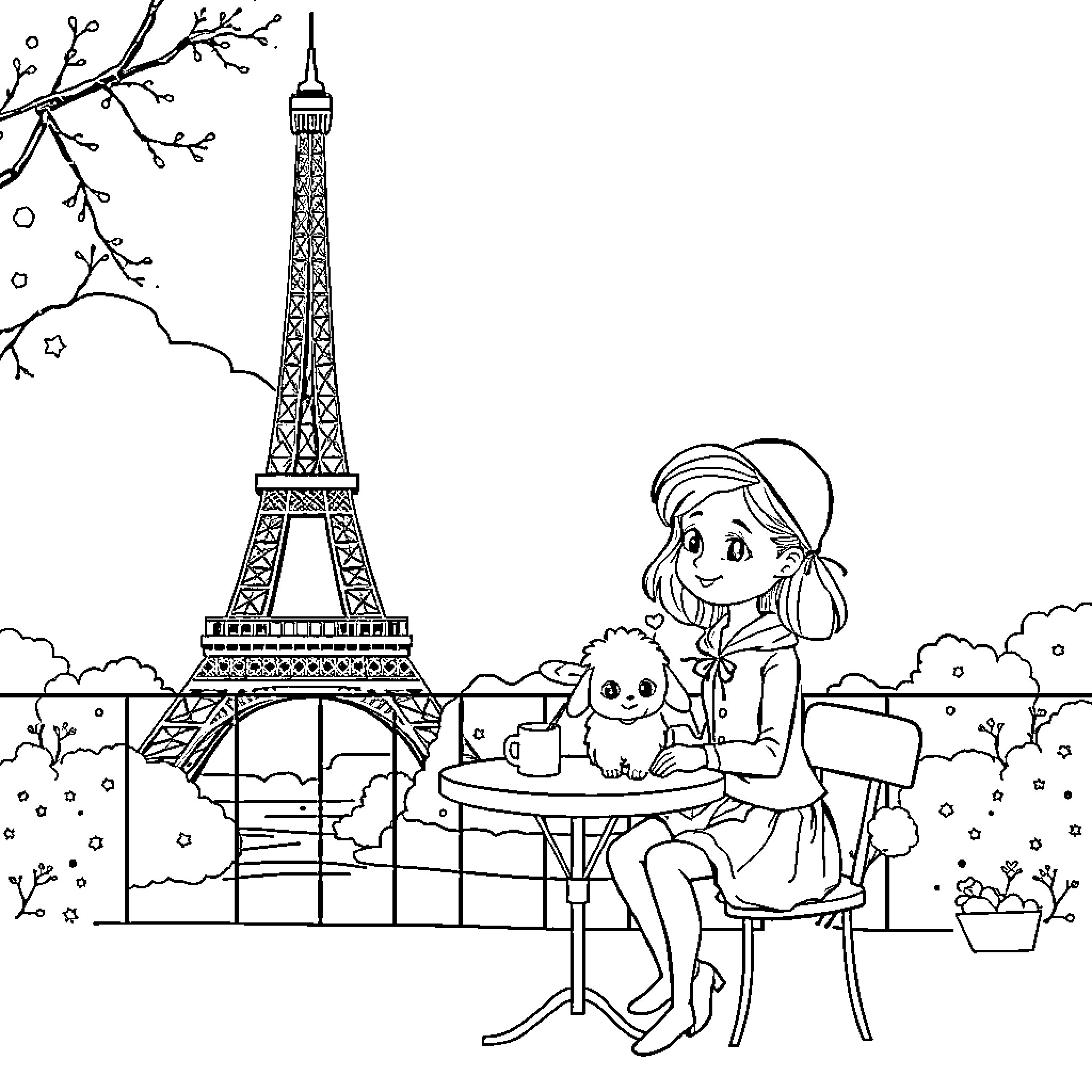 Eiffel Tower and Cafe in Paris Coloring Page (free black-and-white line drawing printable PDF for all, from beginners to advanced learners, including children, teens, adults, and seniors)
