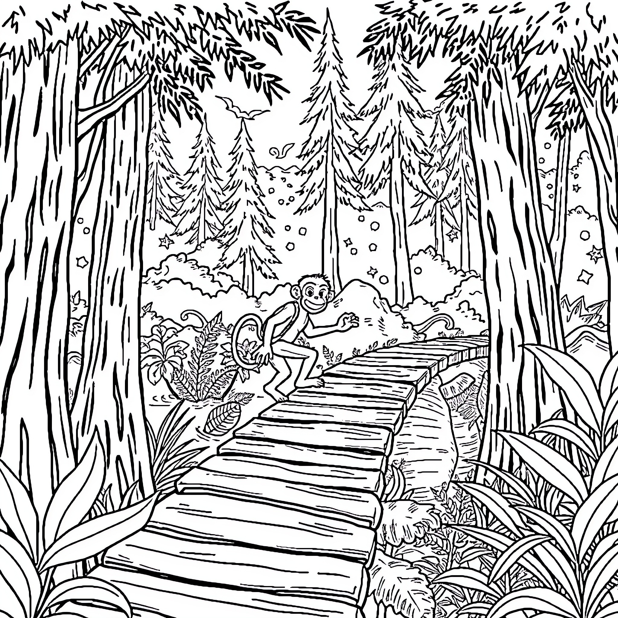 Monkey exploring enchanted forest trail Coloring Page (free black-and-white line drawing printable PDF for all, from beginners to advanced learners, including children, teens, adults, and seniors)