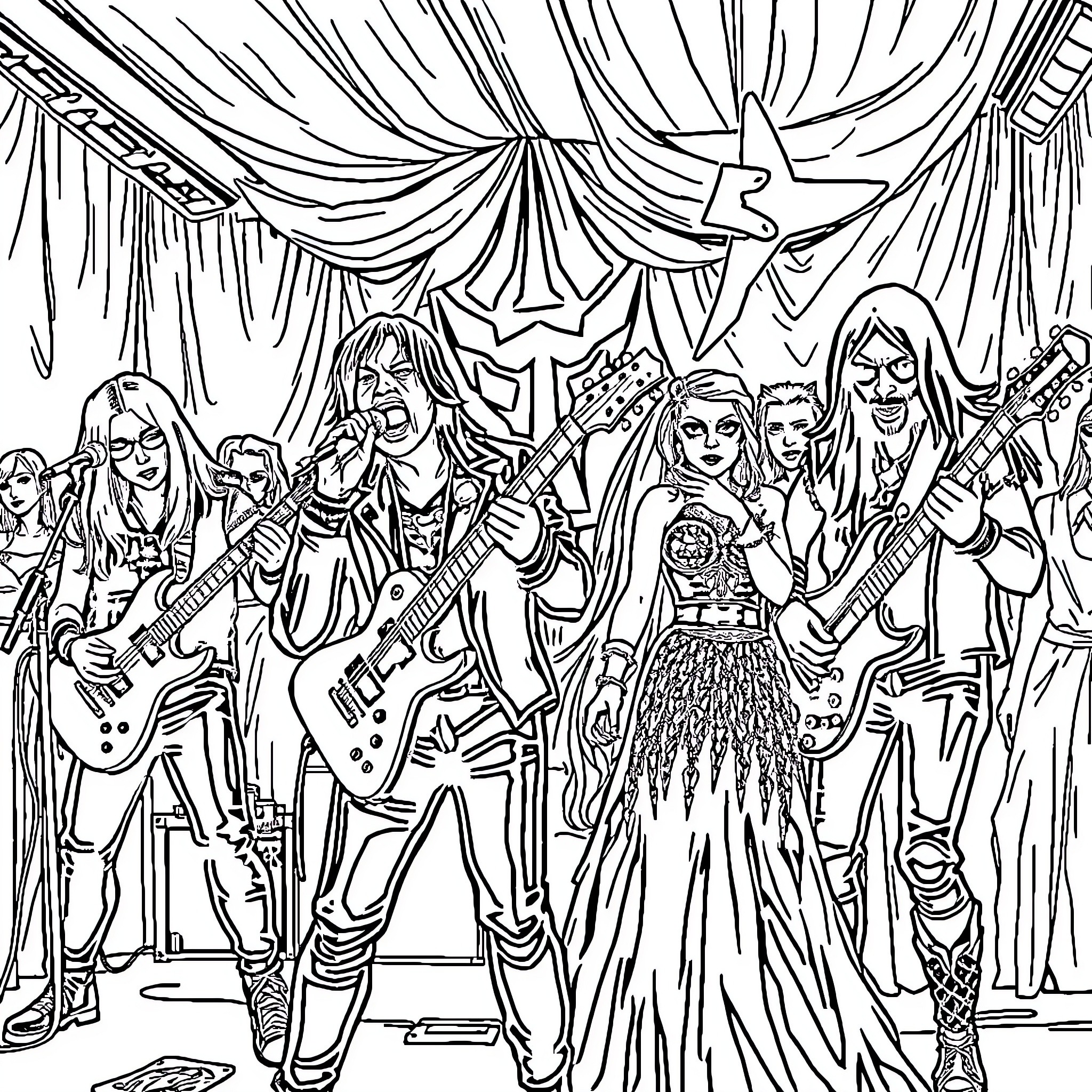 Metal Wedding Celebration with Musical Performers Coloring Page (free black-and-white line drawing printable PDF for all, from beginners to advanced learners, including children, teens, adults, and seniors)