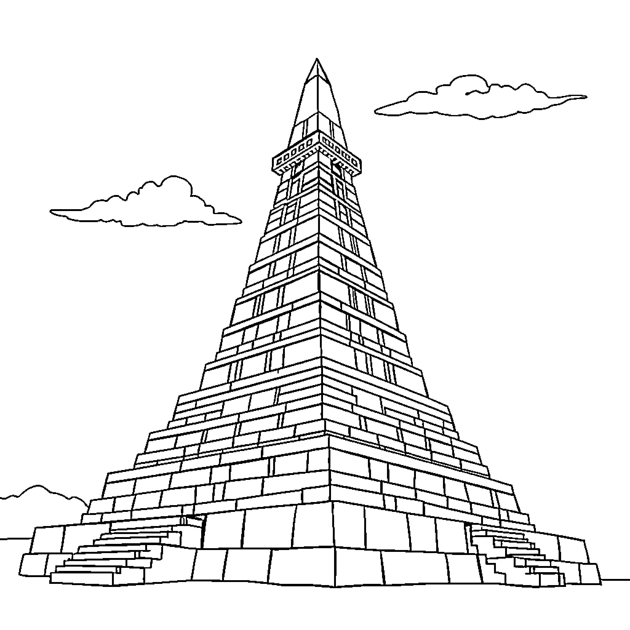 Ziggurat with Geometric Architectural Elements Coloring Page (free black-and-white line drawing printable PDF for all, from beginners to advanced learners, including children, teens, adults, and seniors)
