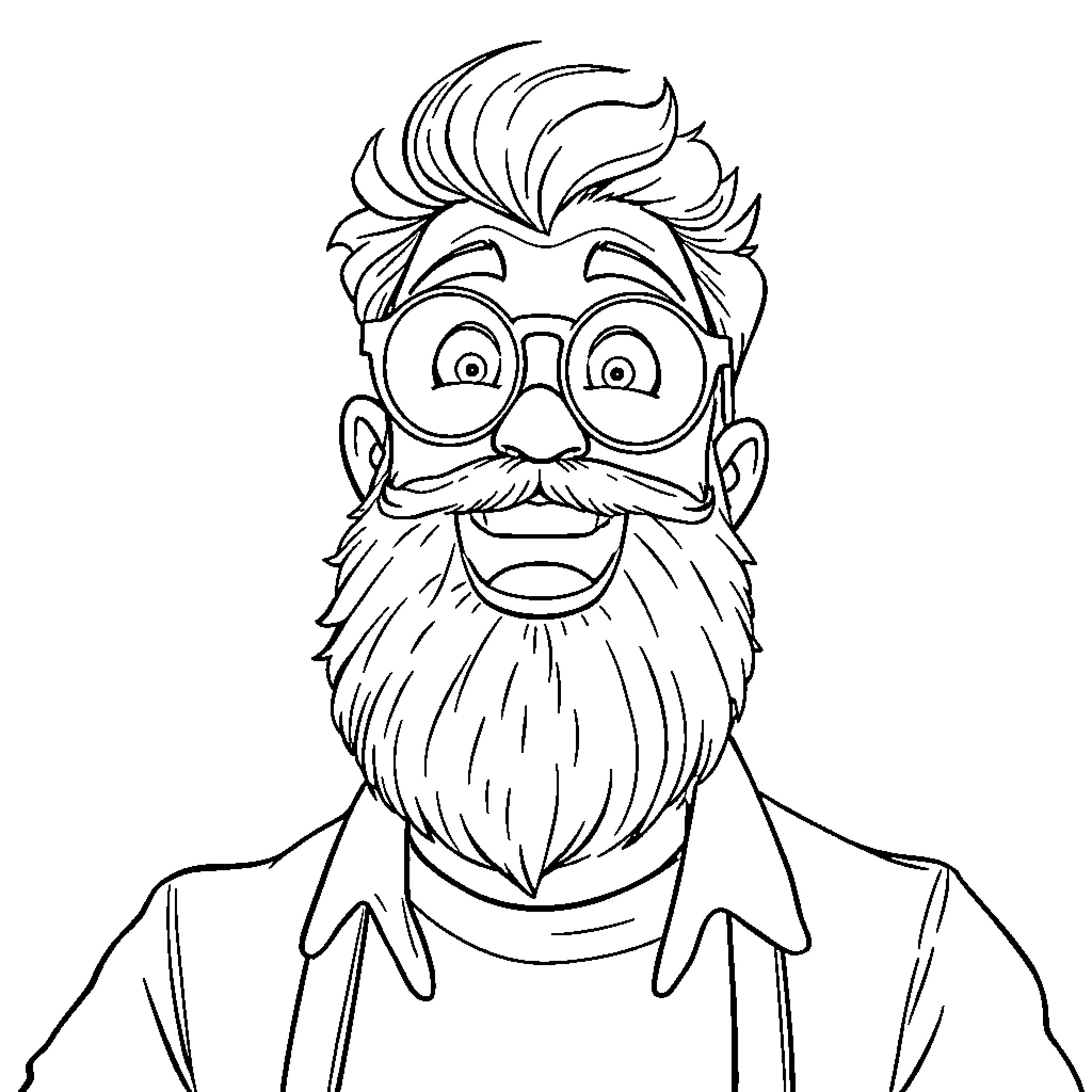 Teacher with comical expression and beard Coloring Page (free black-and-white line drawing printable PDF for all, from beginners to advanced learners, including children, teens, adults, and seniors)