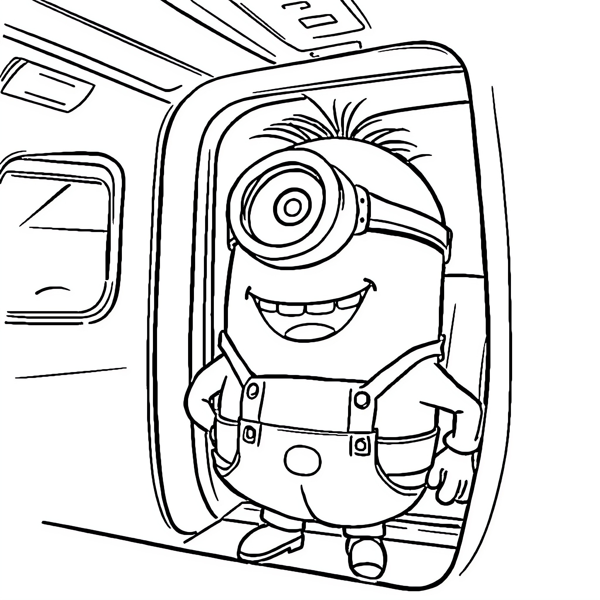 Minion enjoying a joyful ride in a vehicle Coloring Page (free black-and-white line drawing printable PDF for all, from beginners to advanced learners, including children, teens, adults, and seniors)