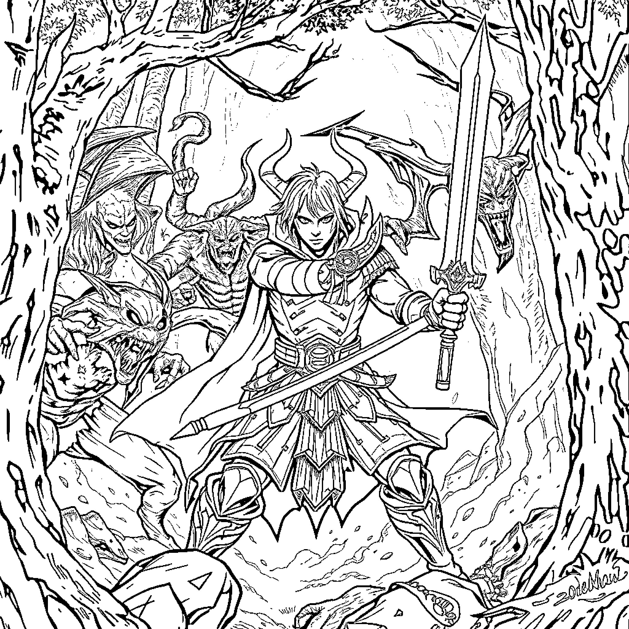 Demon Slayer: Warrior's Valiant Charge in Mystical Forest Coloring Page (free black-and-white line drawing printable PDF for all, from beginners to advanced learners, including children, teens, adults, and seniors)