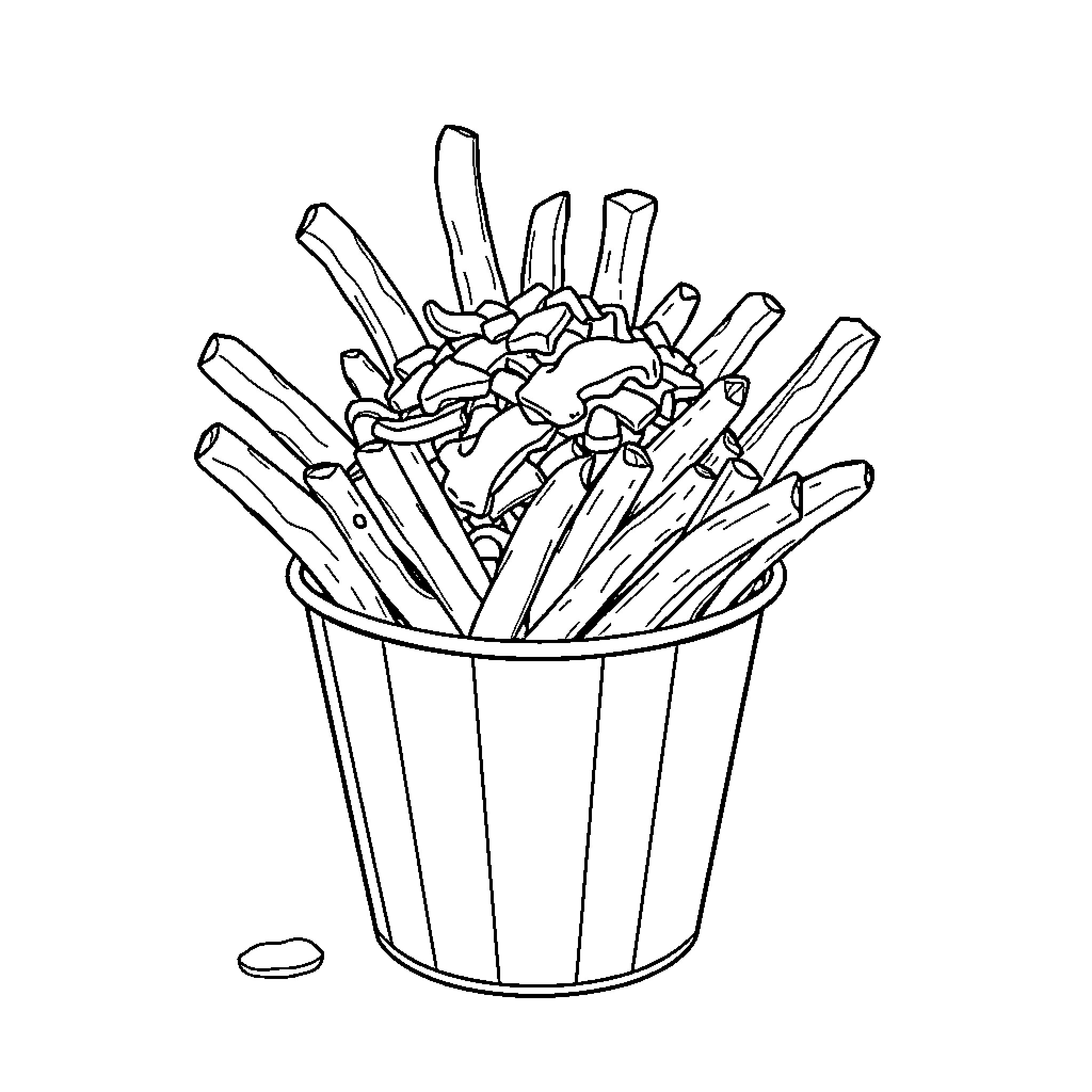 Fries in a Crisp Serving Basket Coloring Page (free black-and-white line drawing printable PDF for all, from beginners to advanced learners, including children, teens, adults, and seniors)
