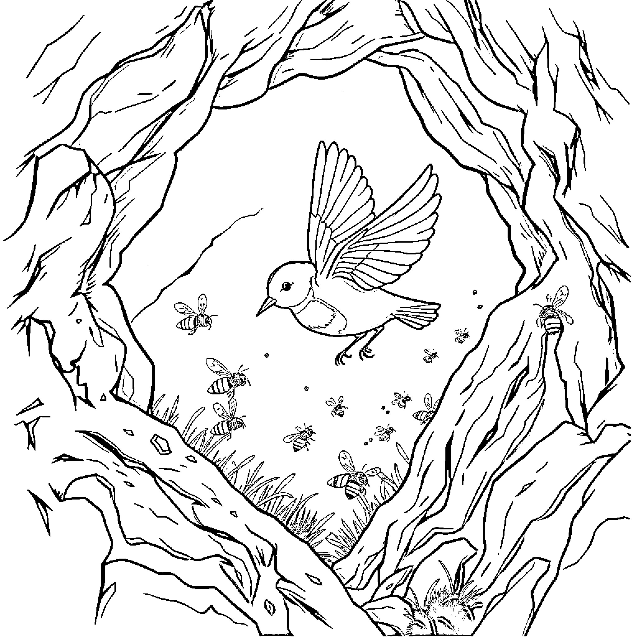 Robin's Forest Adventure Coloring Page (free black-and-white line drawing printable PDF for all, from beginners to advanced learners, including children, teens, adults, and seniors)