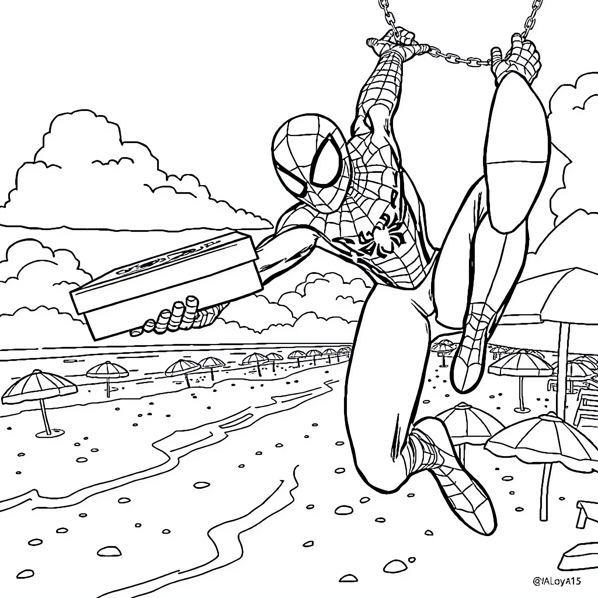 Spider-Man swinging through the air with action pose Coloring Page (free black-and-white line drawing printable PDF for all, from beginners to advanced learners, including children, teens, adults, and seniors)