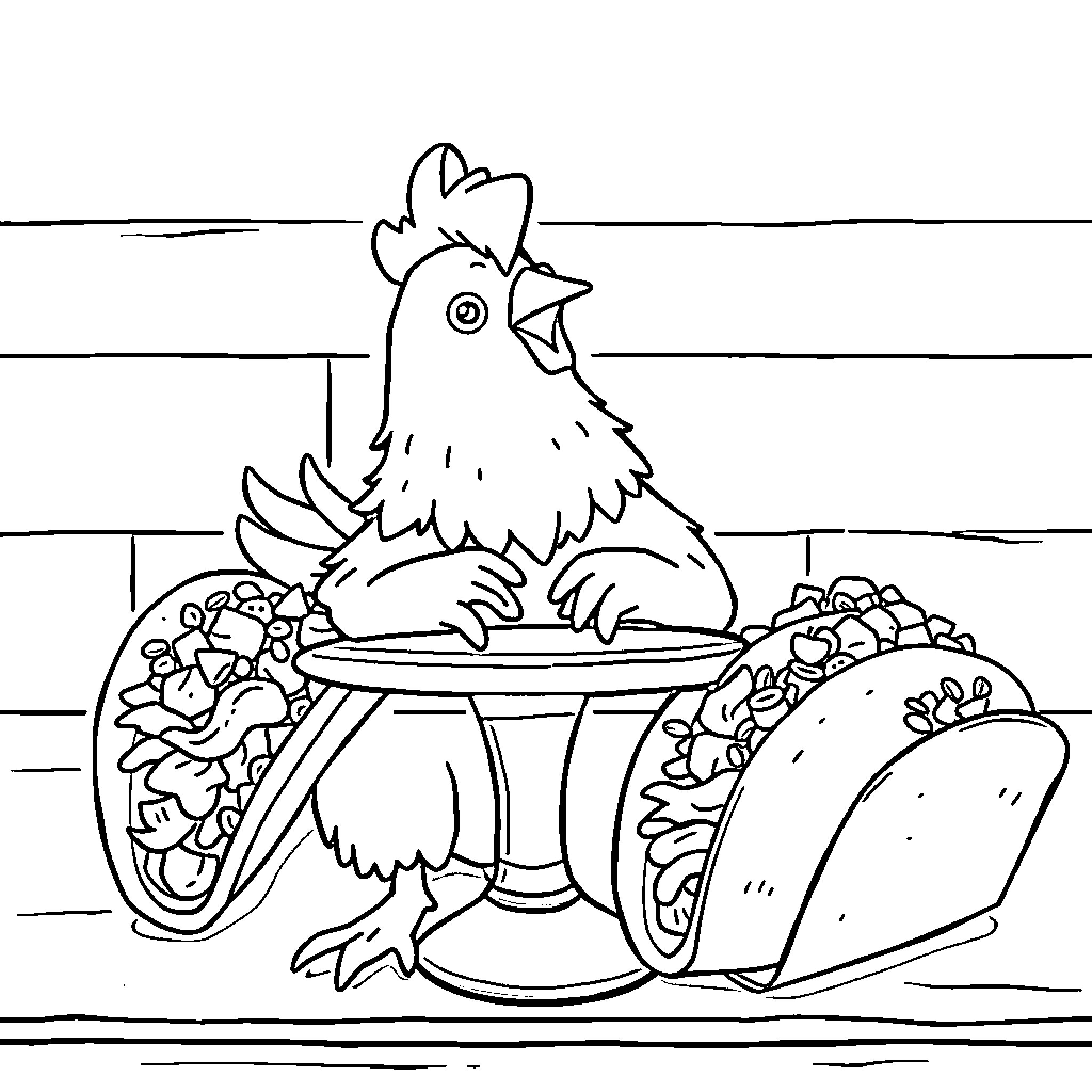 Chicken enjoying a hearty meal on the farm Coloring Page (free black-and-white line drawing printable PDF for all, from beginners to advanced learners, including children, teens, adults, and seniors)