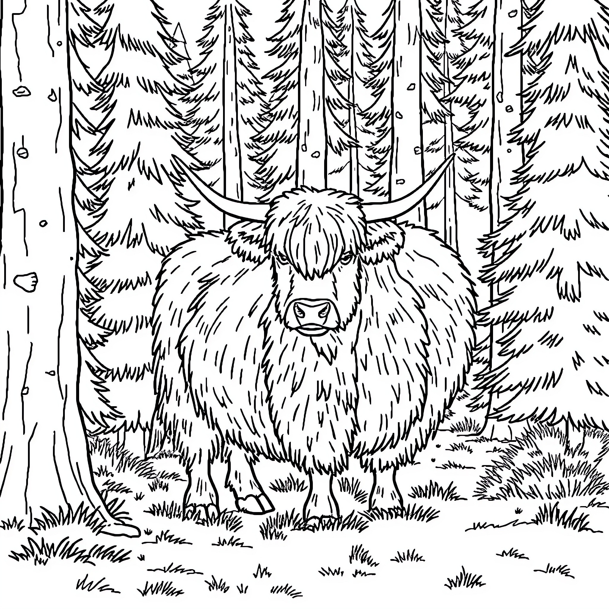 Highland Cow lounging in the forest Coloring Page (free black-and-white line drawing printable PDF for all, from beginners to advanced learners, including children, teens, adults, and seniors)