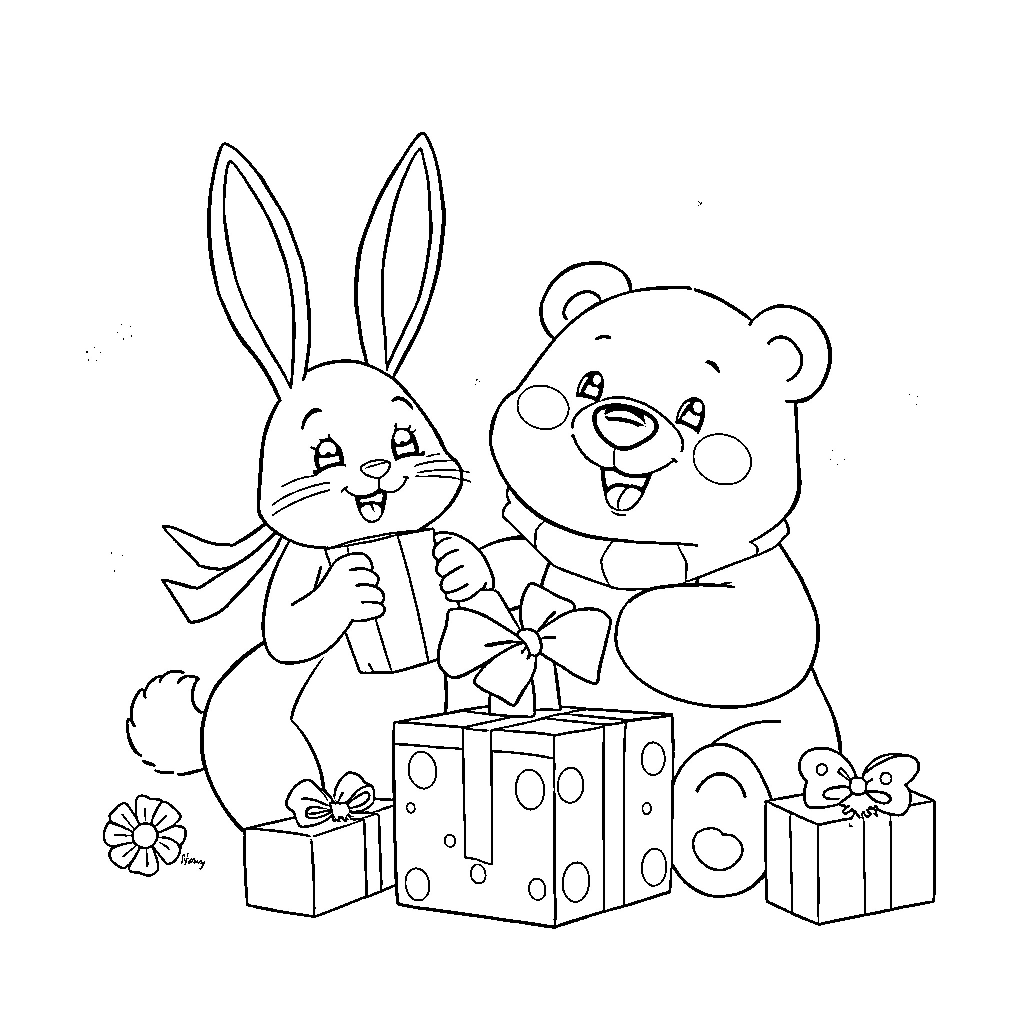Bunny and bear celebrating with gifts Coloring Page (free black-and-white line drawing printable PDF for all, from beginners to advanced learners, including children, teens, adults, and seniors)