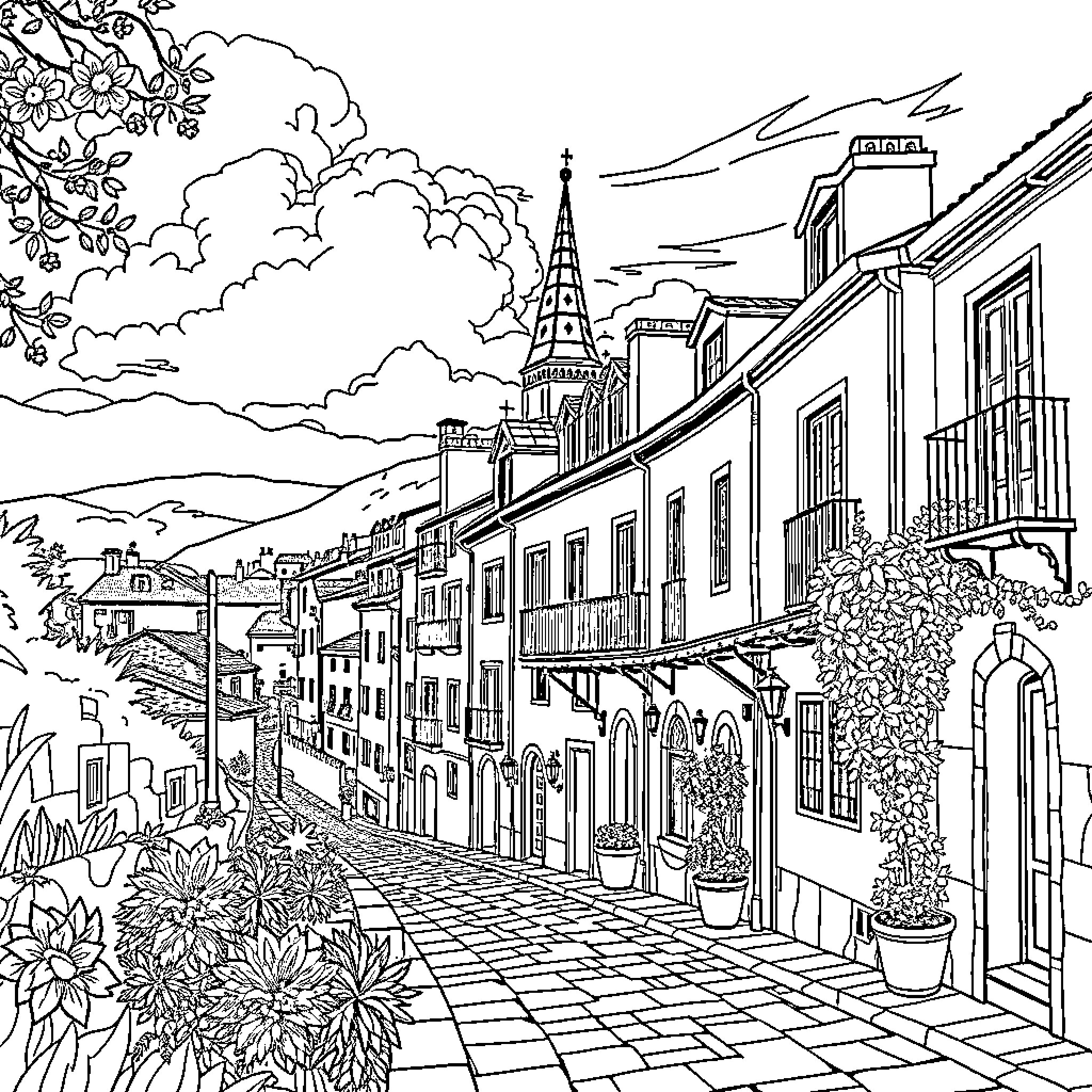 Cadalso de los Vidrios: Charming Townscape with Architectural Details Coloring Page (free black-and-white line drawing printable PDF for all, from beginners to advanced learners, including children, teens, adults, and seniors)