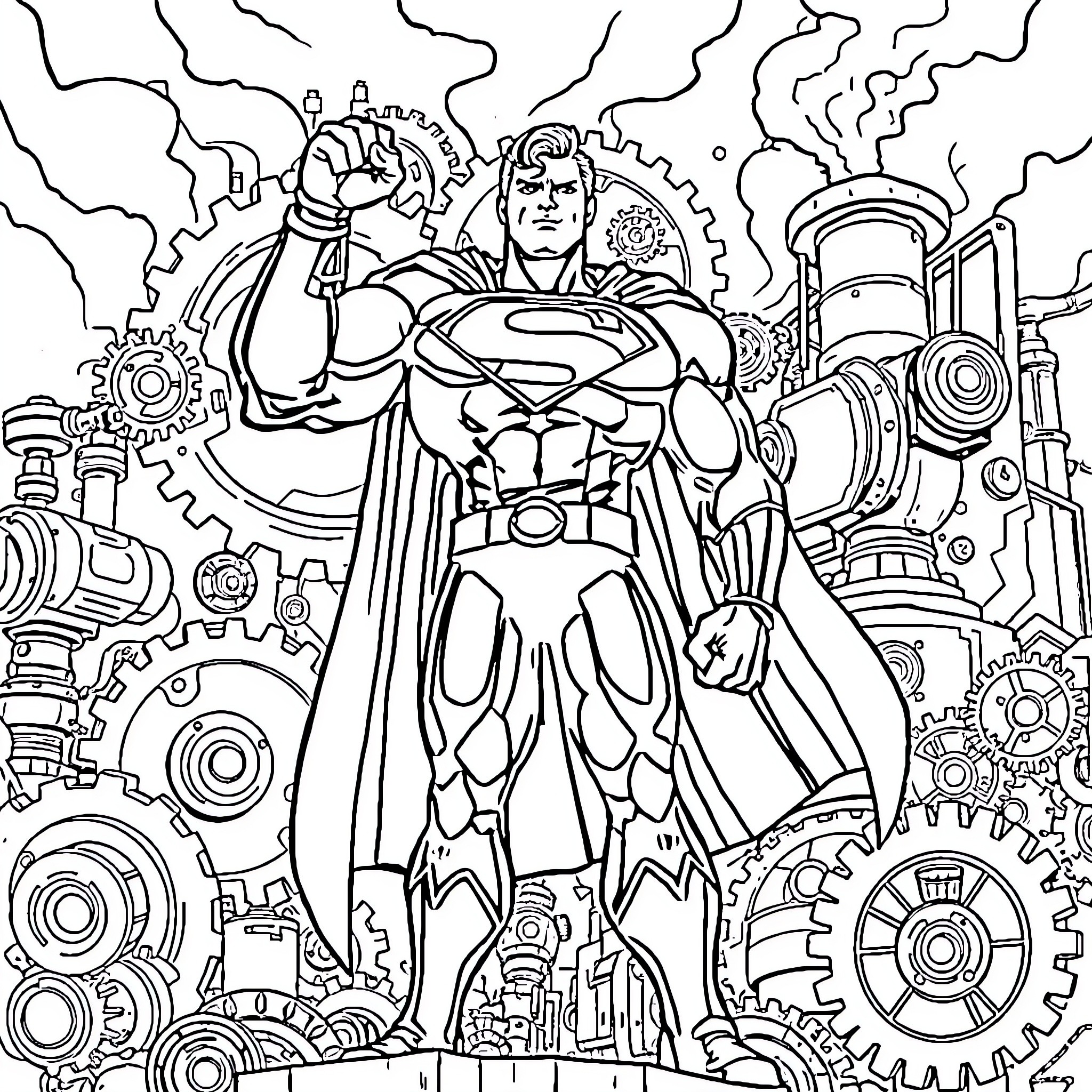 Superman in action-packed mechanical landscape Coloring Page (free black-and-white line drawing printable PDF for all, from beginners to advanced learners, including children, teens, adults, and seniors)
