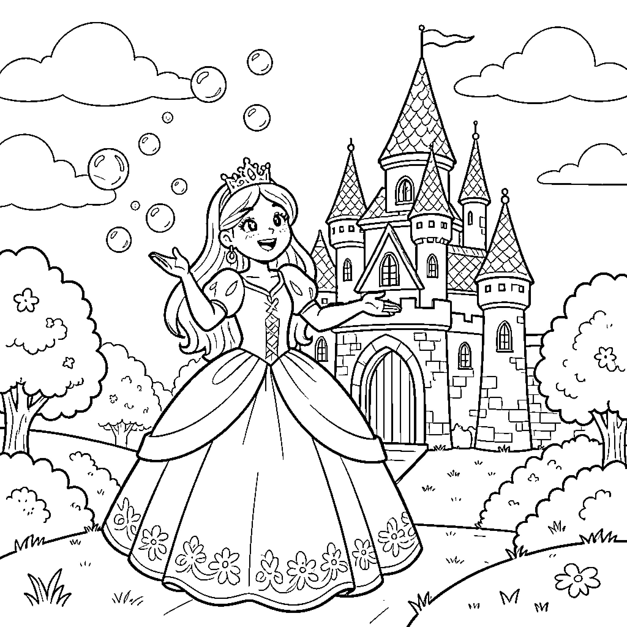 Princess blowing bubbles in front of a castle Coloring Page (free black-and-white line drawing printable PDF for all, from beginners to advanced learners, including children, teens, adults, and seniors)