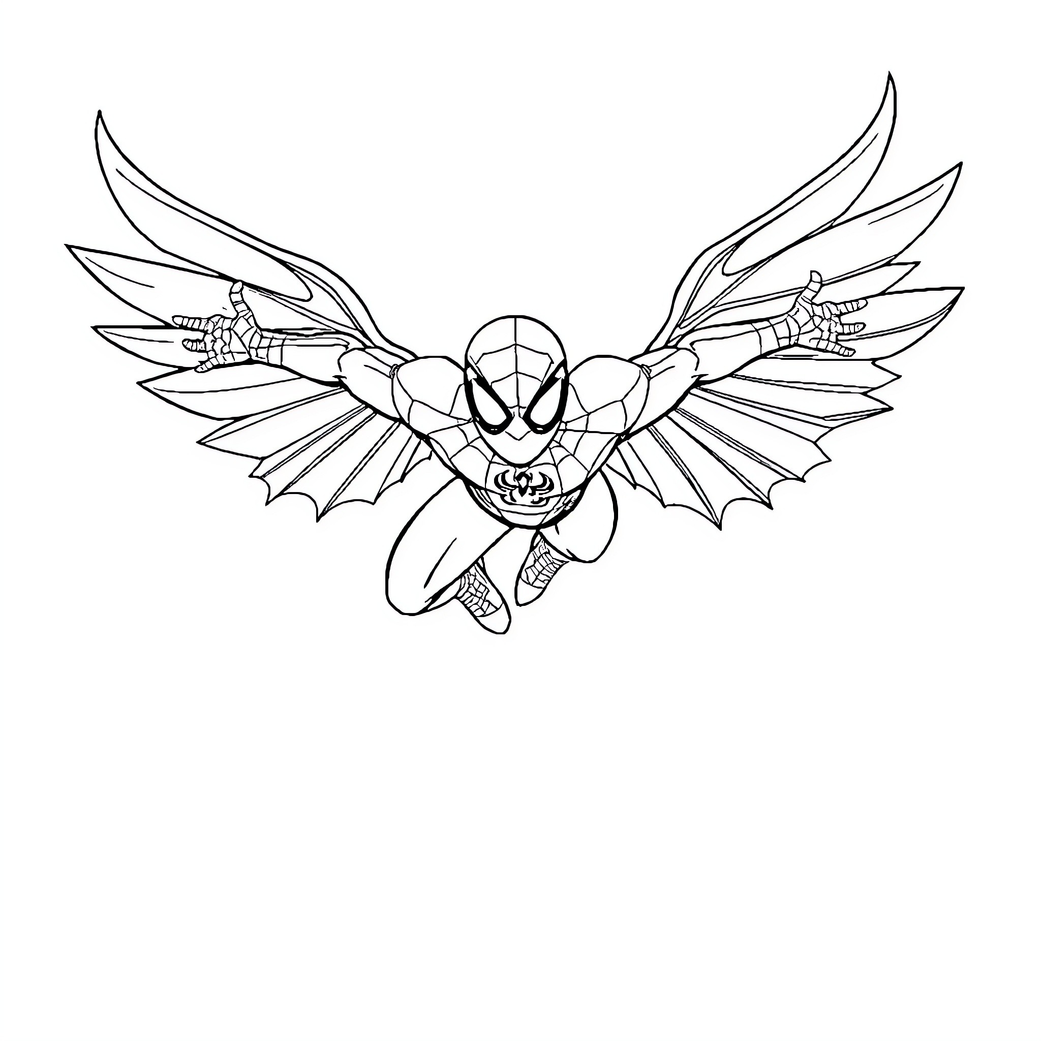 Spider-Man with wings leaping into action Coloring Page (free black-and-white line drawing printable PDF for all, from beginners to advanced learners, including children, teens, adults, and seniors)