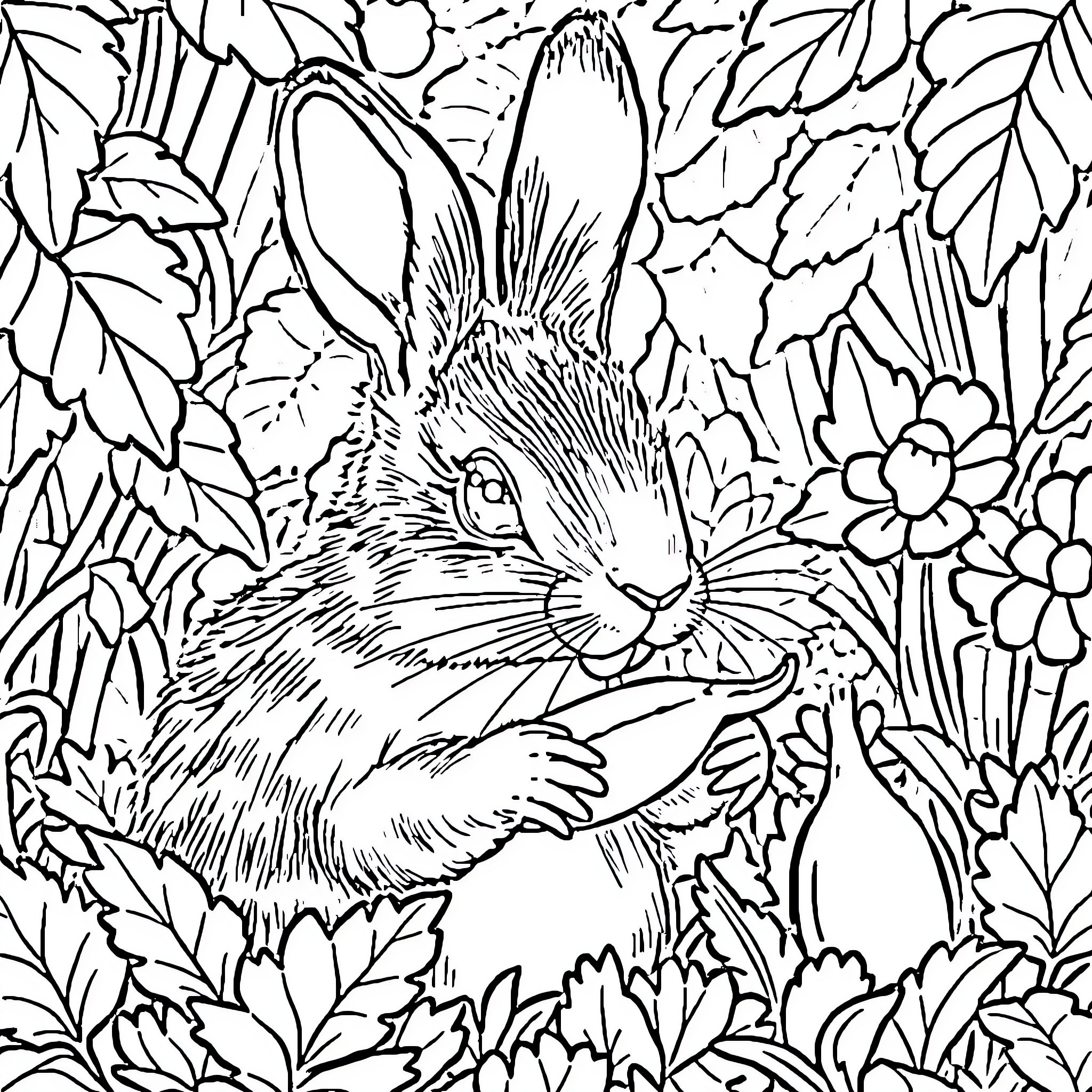 Rabbit hiding in the lush garden Coloring Page (free black-and-white line drawing printable PDF for all, from beginners to advanced learners, including children, teens, adults, and seniors)