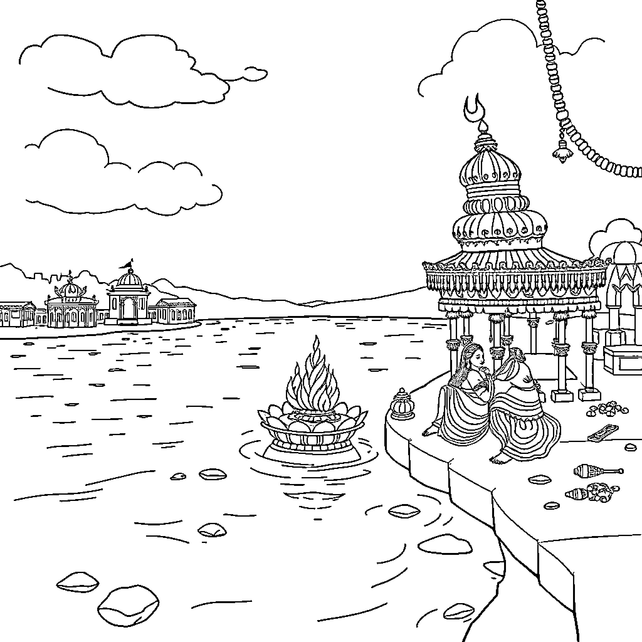 Chatth Festival by the River Coloring Page (free black-and-white line drawing printable PDF for all, from beginners to advanced learners, including children, teens, adults, and seniors)