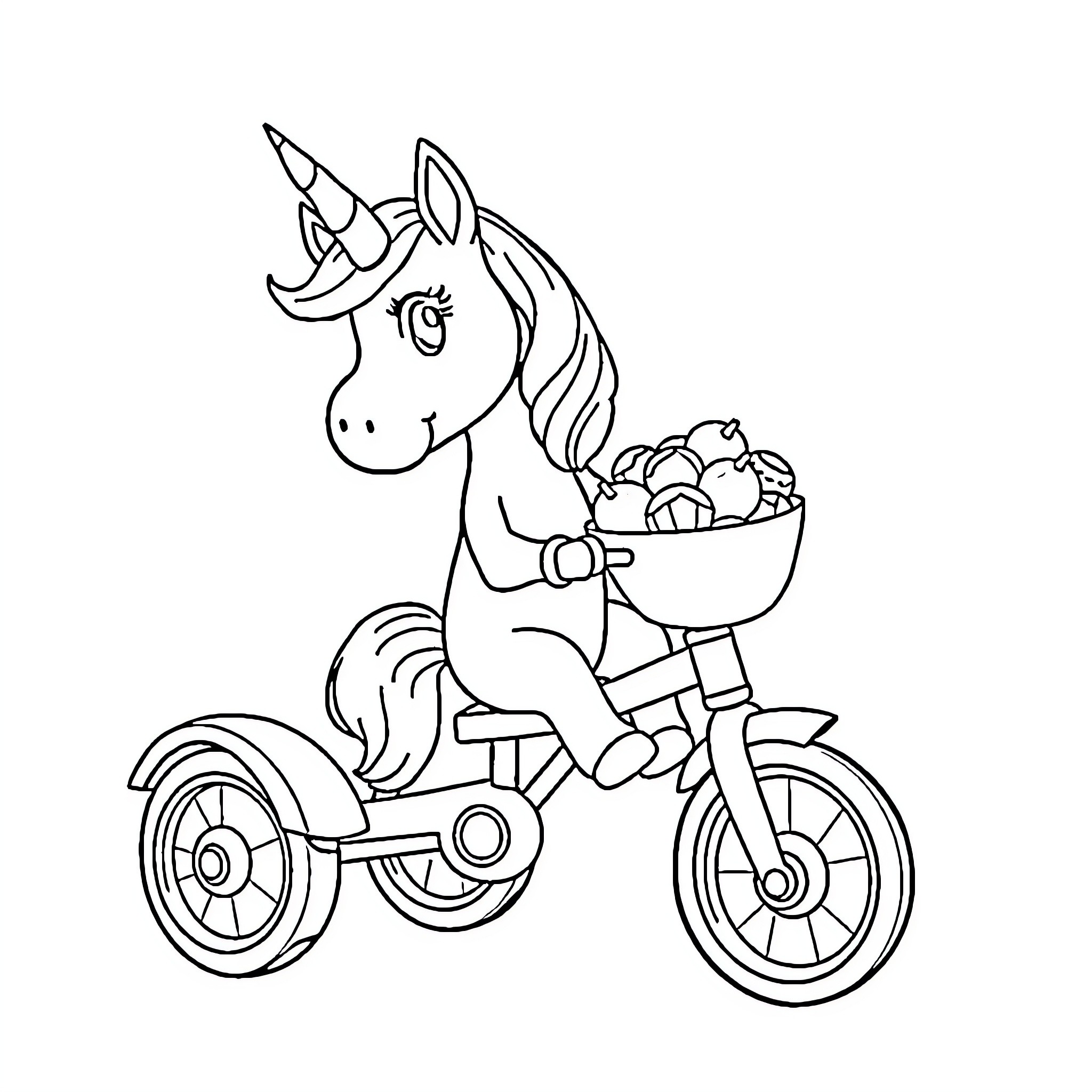 Unicorn Riding Bicycle with Fruit Basket Coloring Page (free black-and-white line drawing printable PDF for all, from beginners to advanced learners, including children, teens, adults, and seniors)