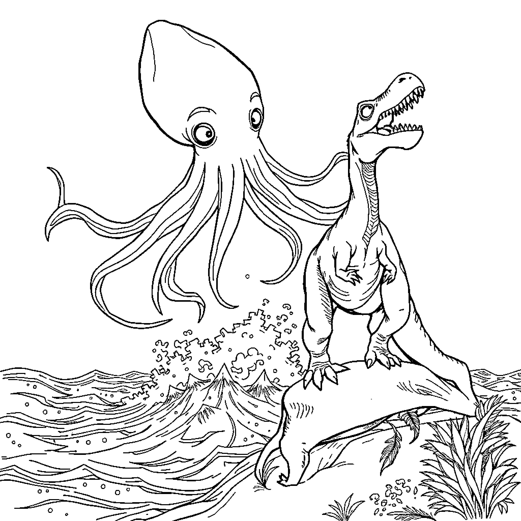 Squid encountering a dinosaur in the ocean Coloring Page (free black-and-white line drawing printable PDF for all, from beginners to advanced learners, including children, teens, adults, and seniors)