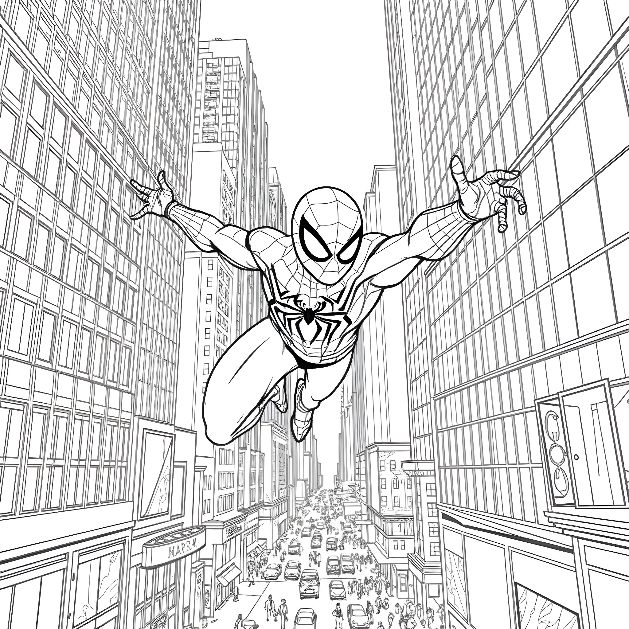 Spiderman swinging through the city skyline Coloring Page (free black-and-white line drawing printable PDF for all, from beginners to advanced learners, including children, teens, adults, and seniors)
