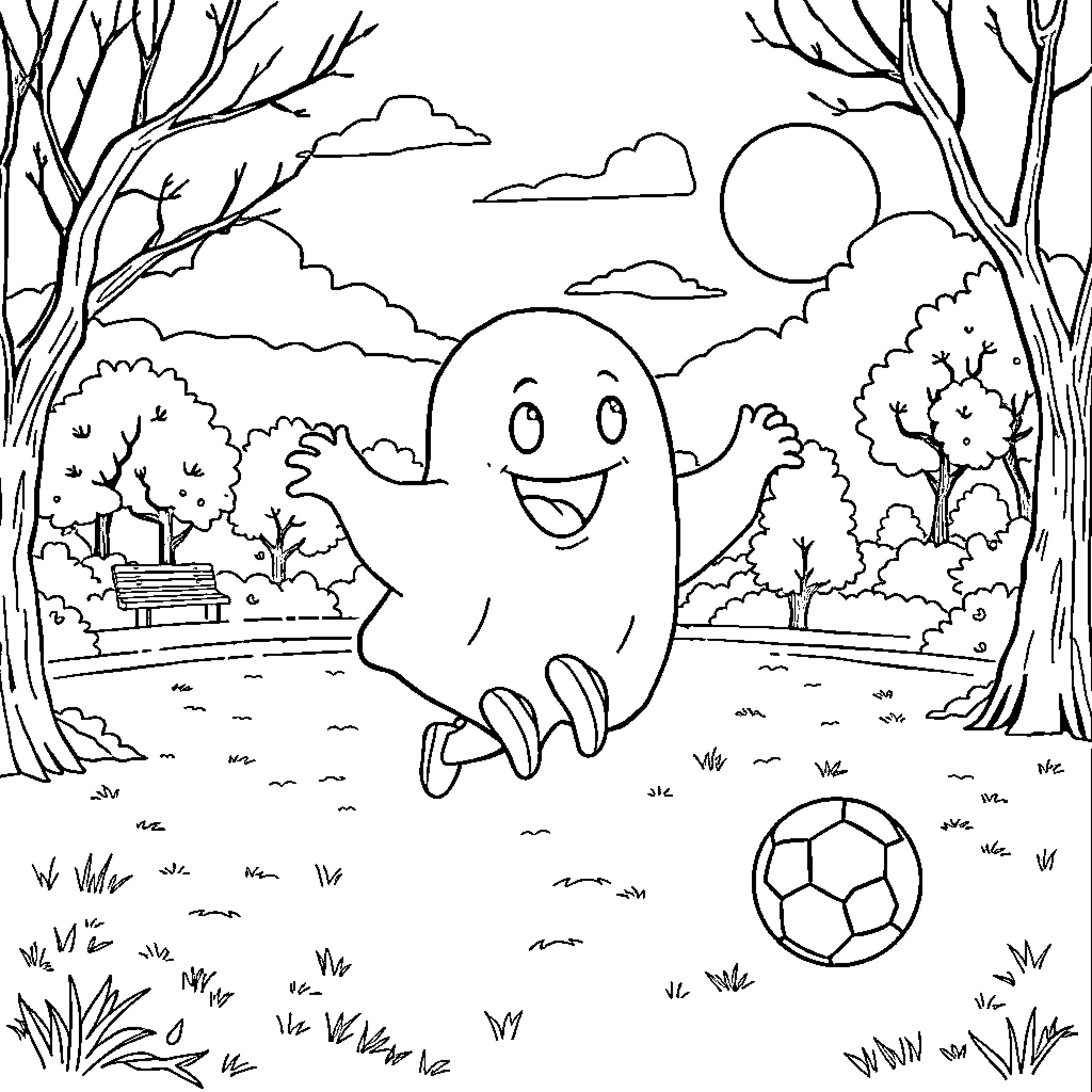 Ghost having fun in spooky forest Coloring Page (free black-and-white line drawing printable PDF for all, from beginners to advanced learners, including children, teens, adults, and seniors)