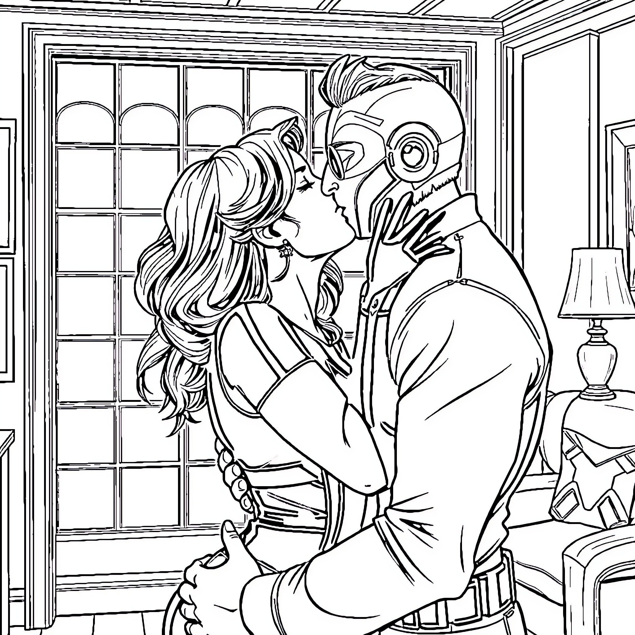 Rhea Ripley in an intimate embrace with a partner Coloring Page (free black-and-white line drawing printable PDF for all, from beginners to advanced learners, including children, teens, adults, and seniors)