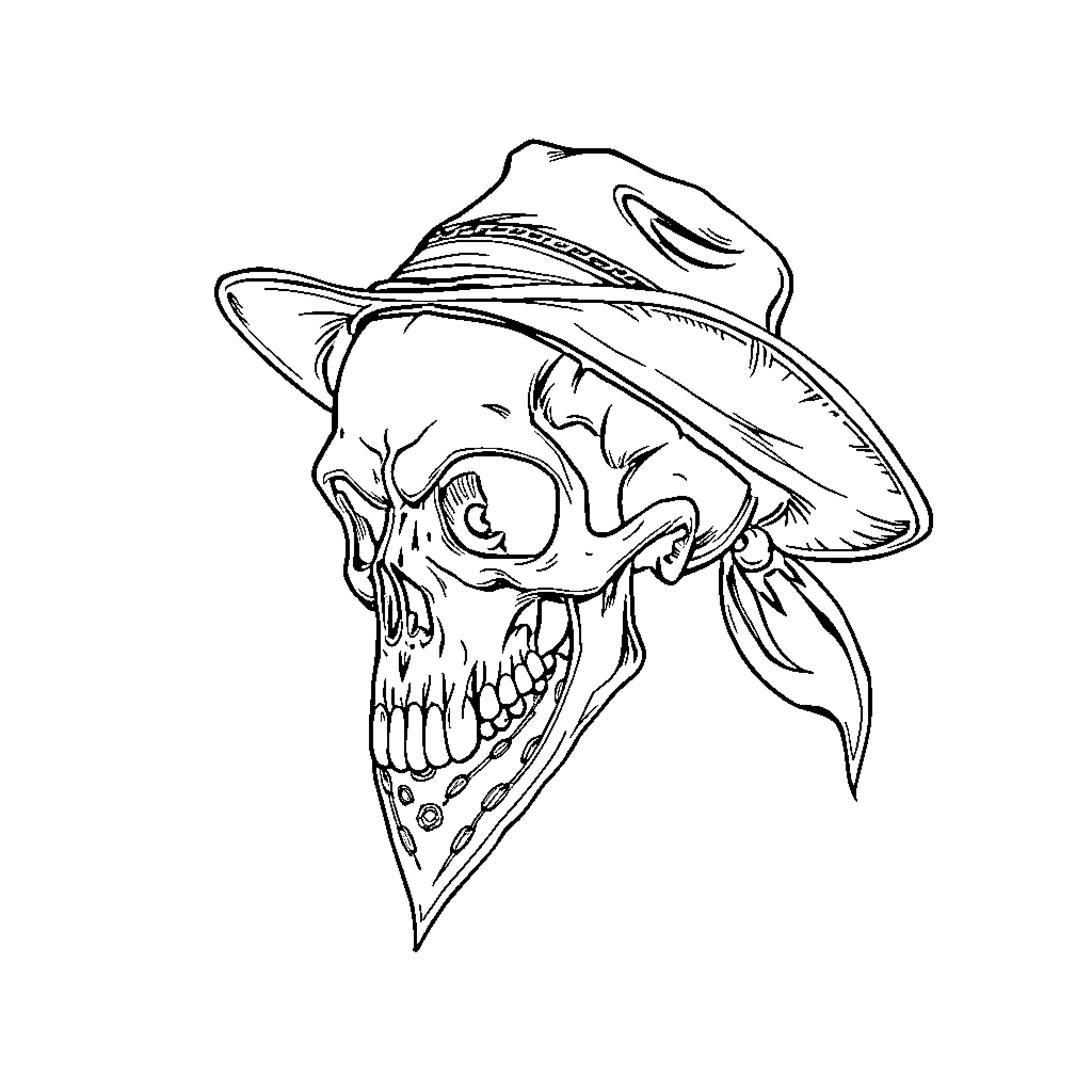 Cowboy Skull Artwork Coloring Page (free black-and-white line drawing printable PDF for all, from beginners to advanced learners, including children, teens, adults, and seniors)