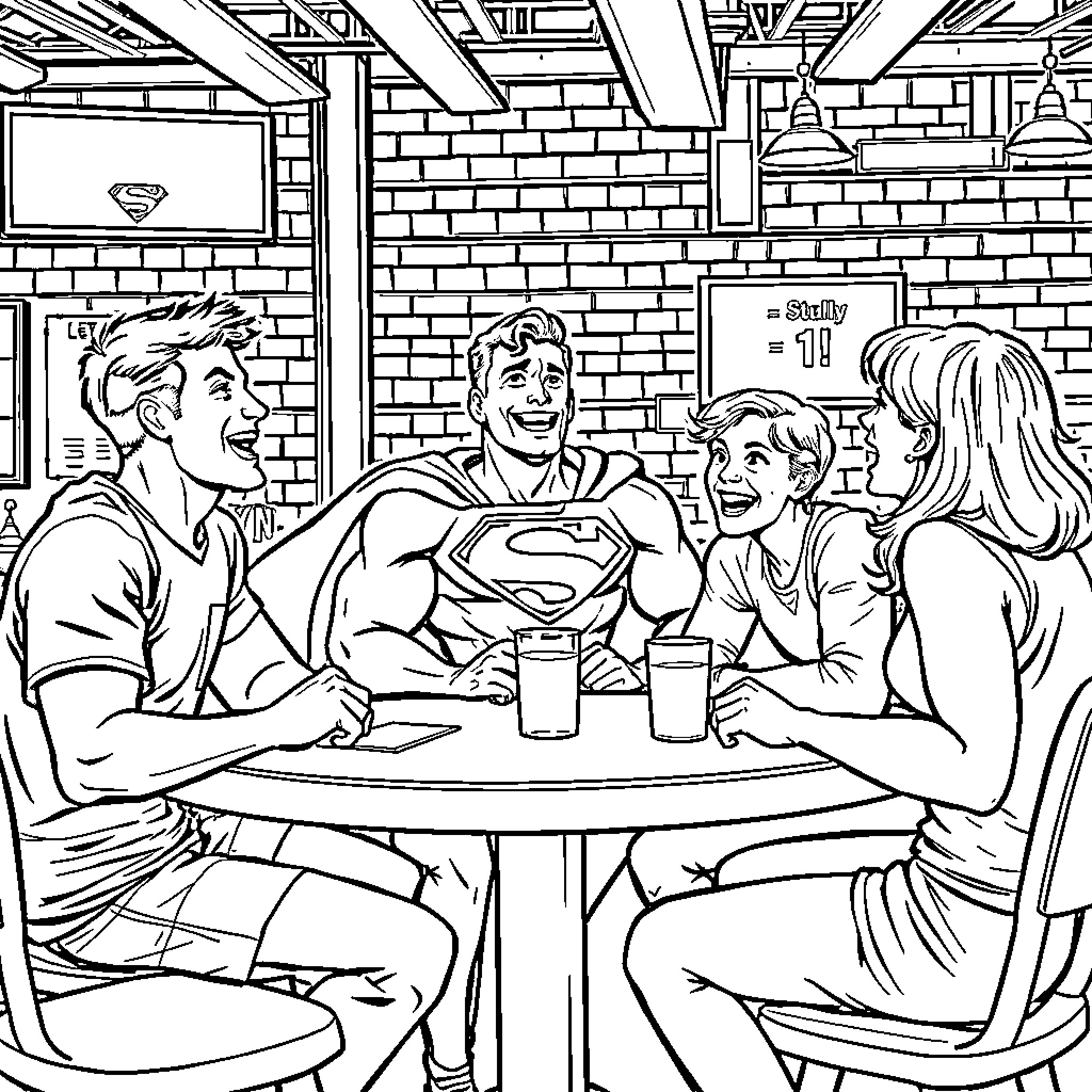 Superman Enjoys a Friendly Meal with Friends Coloring Page (free black-and-white line drawing printable PDF for all, from beginners to advanced learners, including children, teens, adults, and seniors)