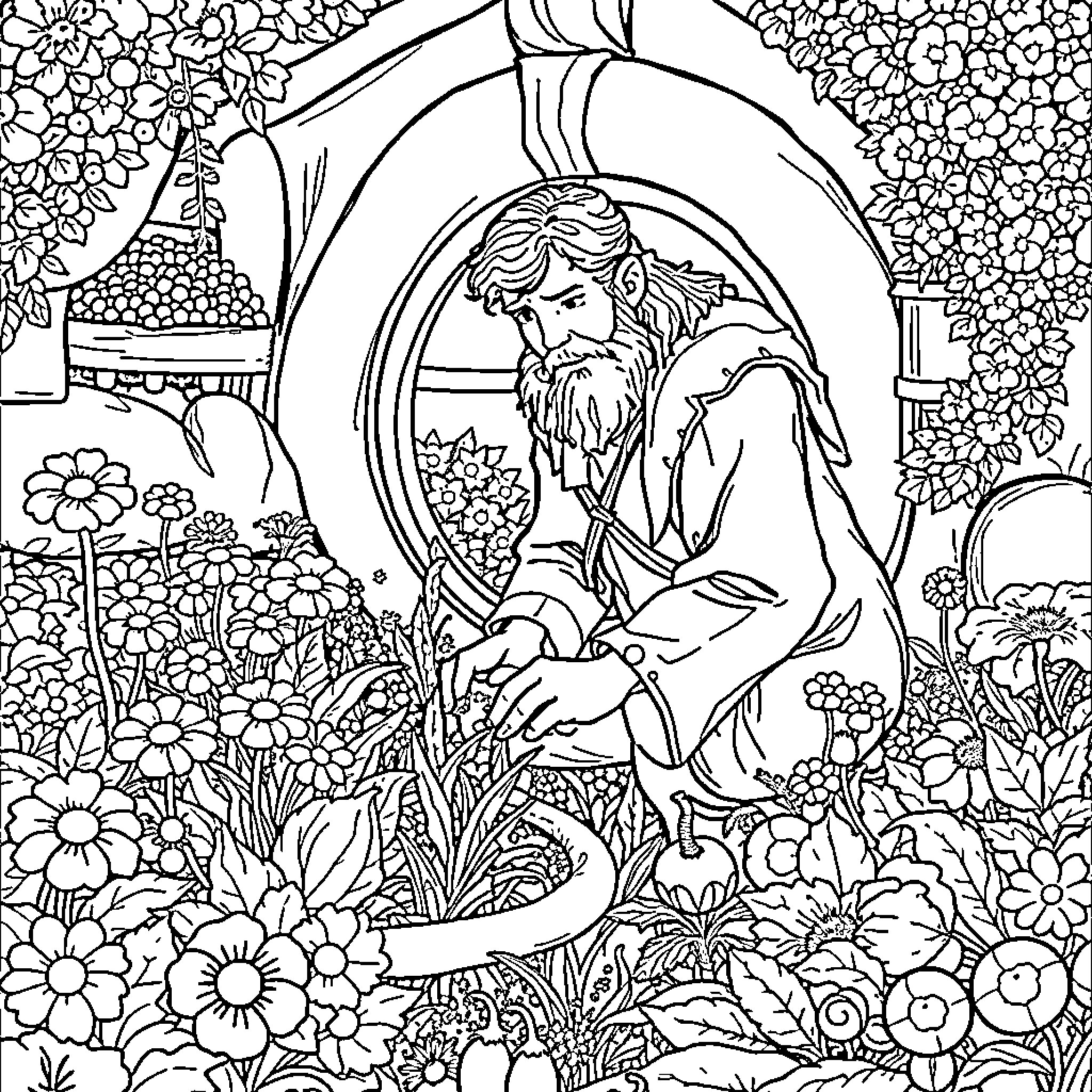 Samwise tending to the garden amidst the flowers Coloring Page (free black-and-white line drawing printable PDF for all, from beginners to advanced learners, including children, teens, adults, and seniors)