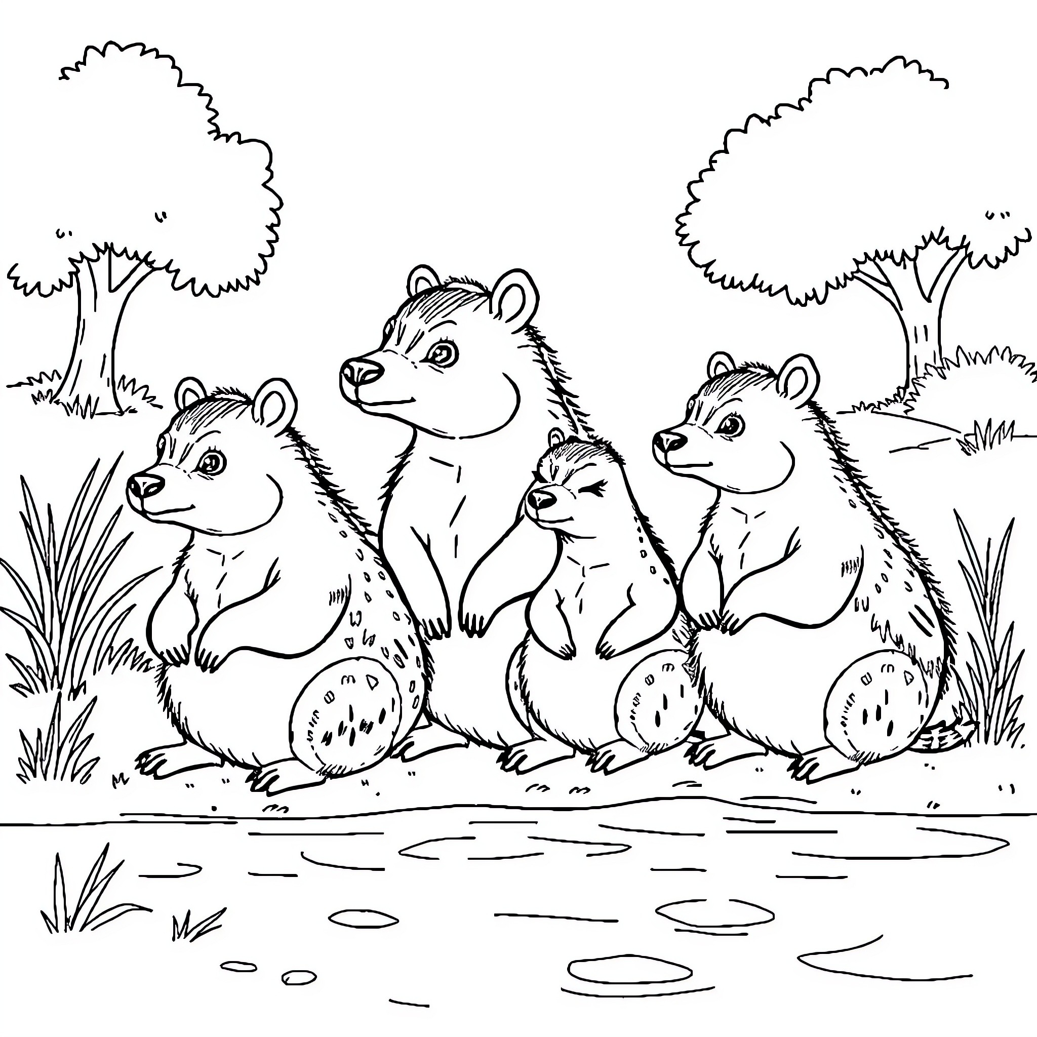 Capybara family enjoying a day in the park Coloring Page (free black-and-white line drawing printable PDF for all, from beginners to advanced learners, including children, teens, adults, and seniors)