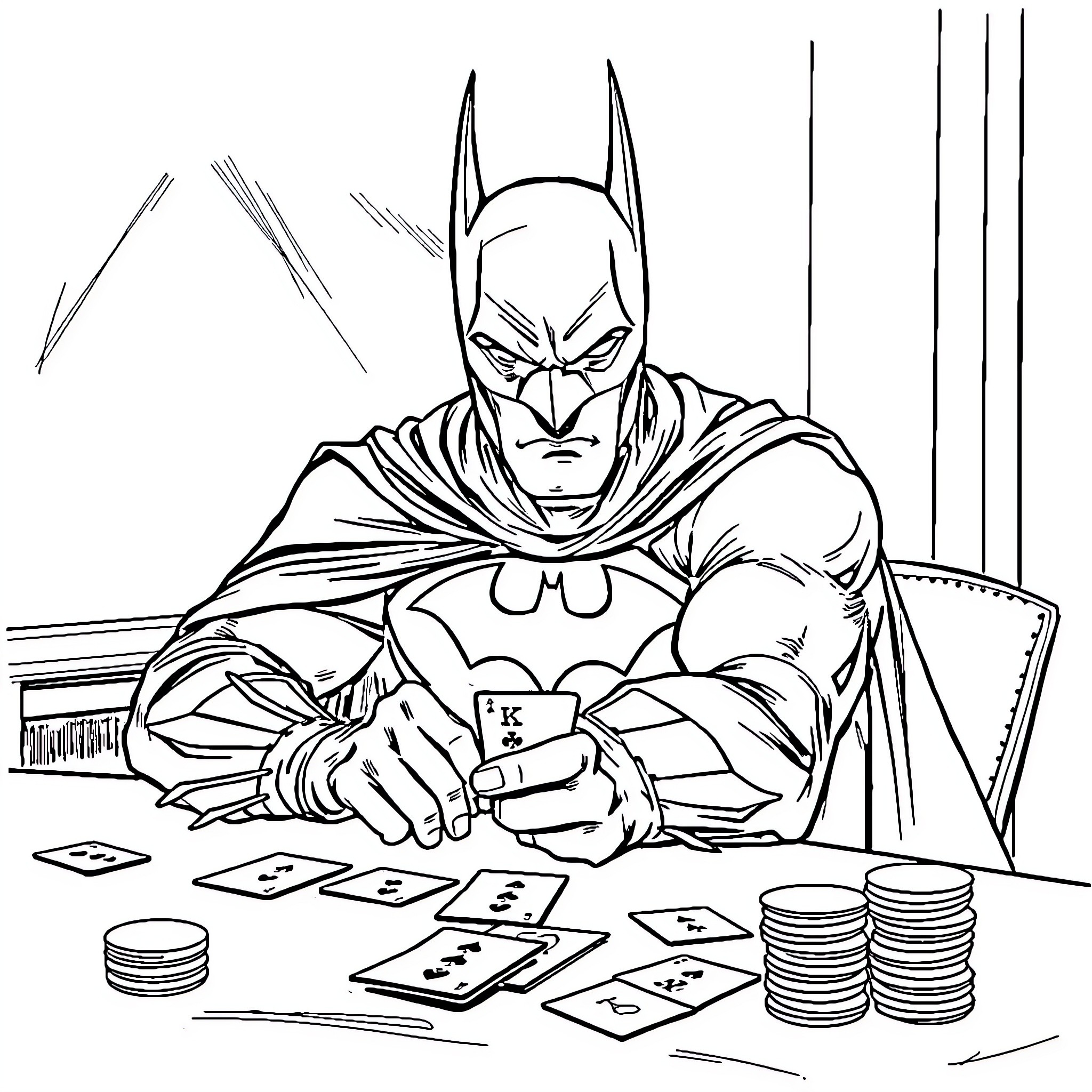 Batman Playing Intense Card Game with Serious Expression Coloring Page (free black-and-white line drawing printable PDF for all, from beginners to advanced learners, including children, teens, adults, and seniors)