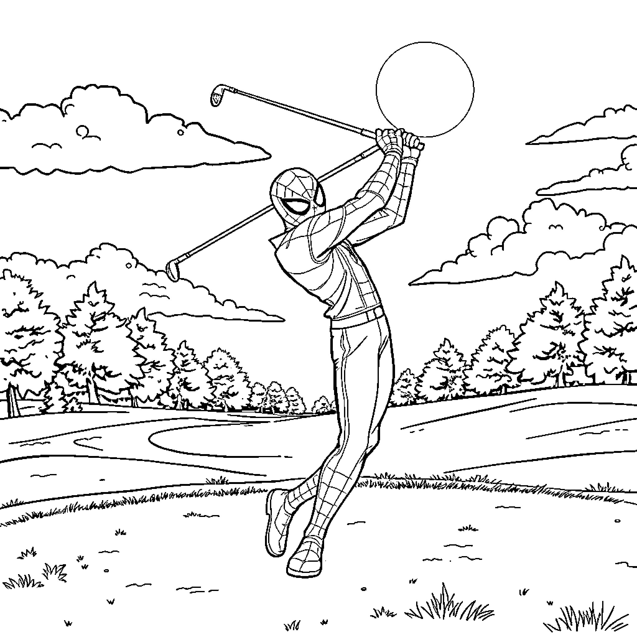 Spiderman golfing in the great outdoors Coloring Page (free black-and-white line drawing printable PDF for all, from beginners to advanced learners, including children, teens, adults, and seniors)