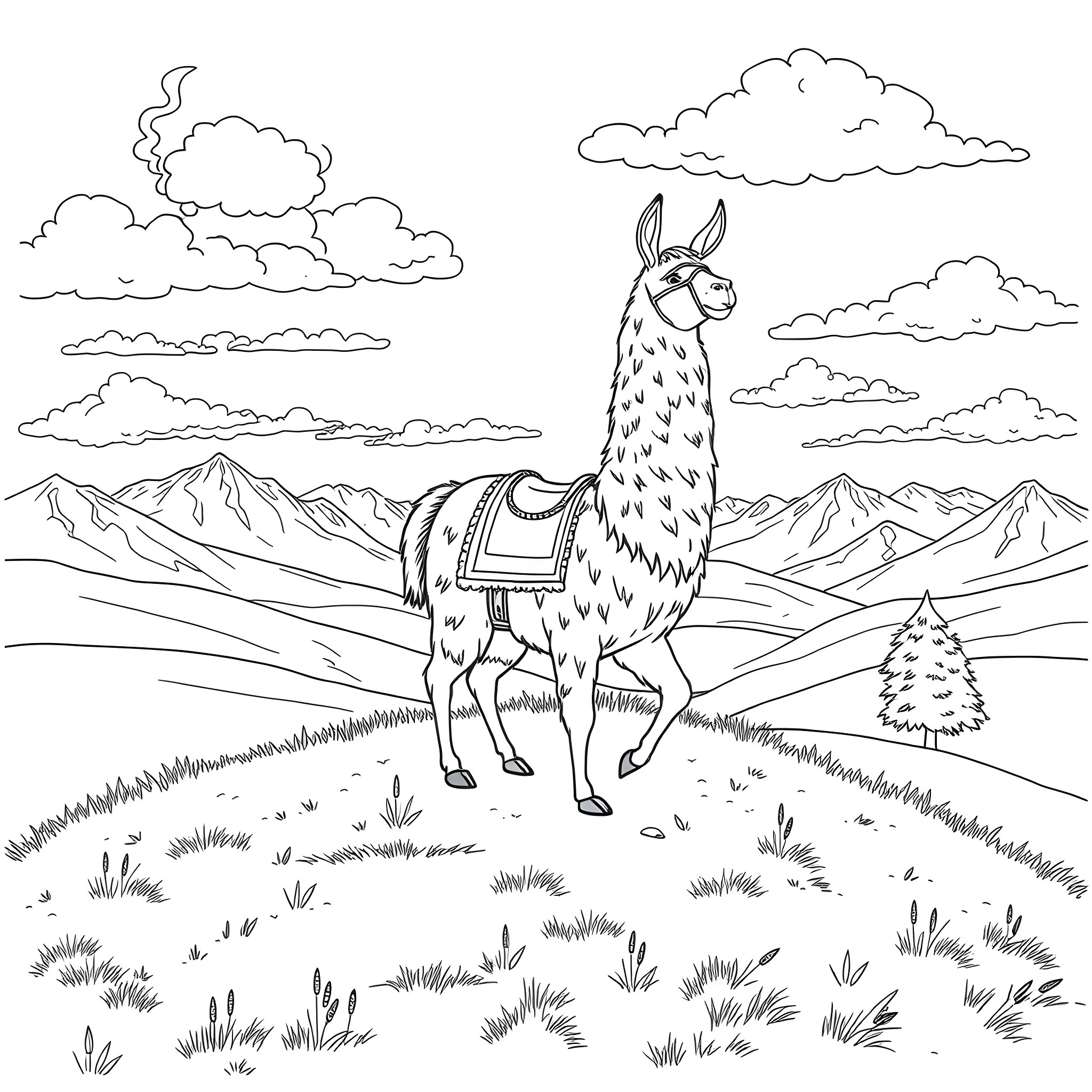Kier Starmer observing a lively llama in a mountainous landscape Coloring Page (free black-and-white line drawing printable PDF for all, from beginners to advanced learners, including children, teens, adults, and seniors)