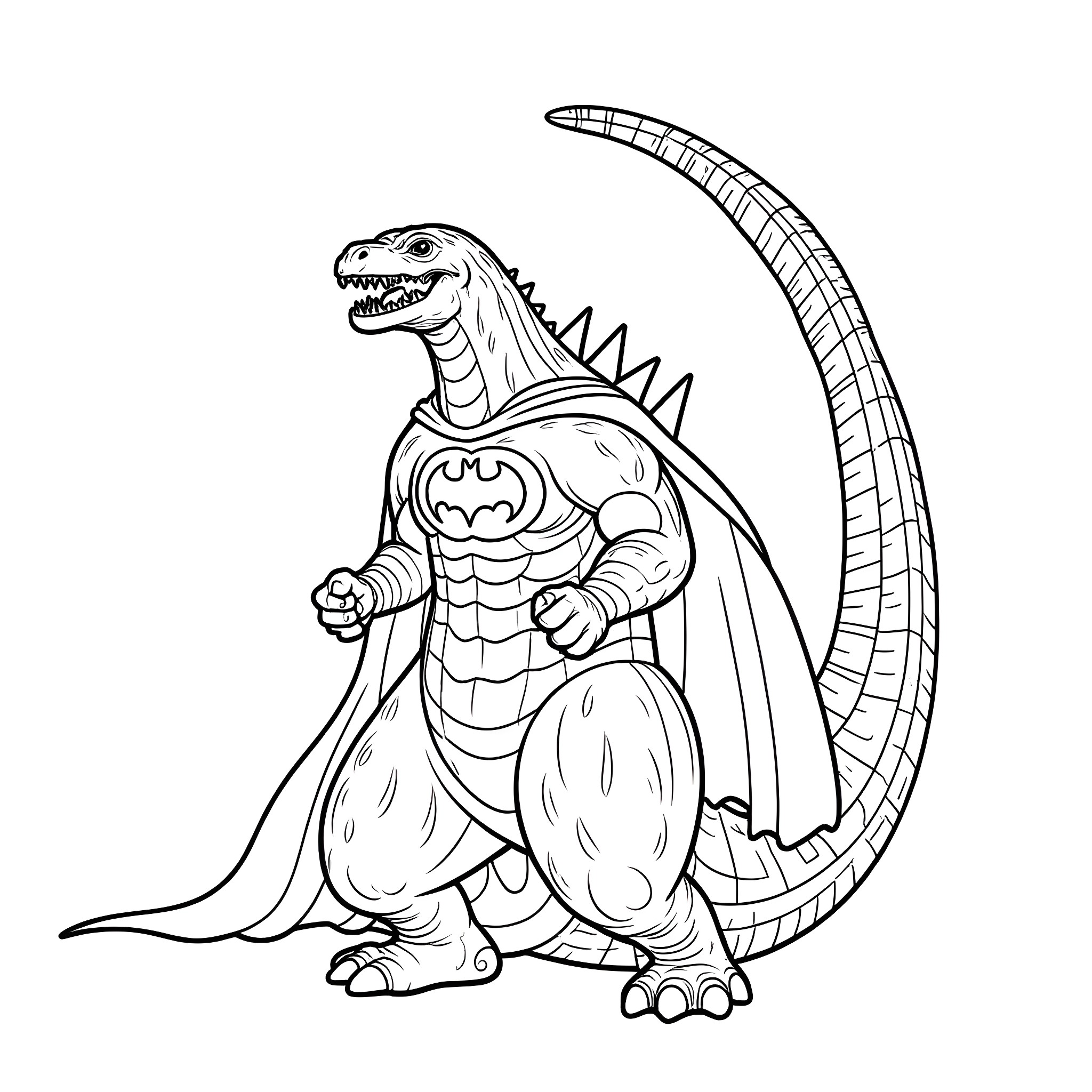 Godzilla in a Superhero Costume Coloring Page (free black-and-white line drawing printable PDF for all, from beginners to advanced learners, including children, teens, adults, and seniors)