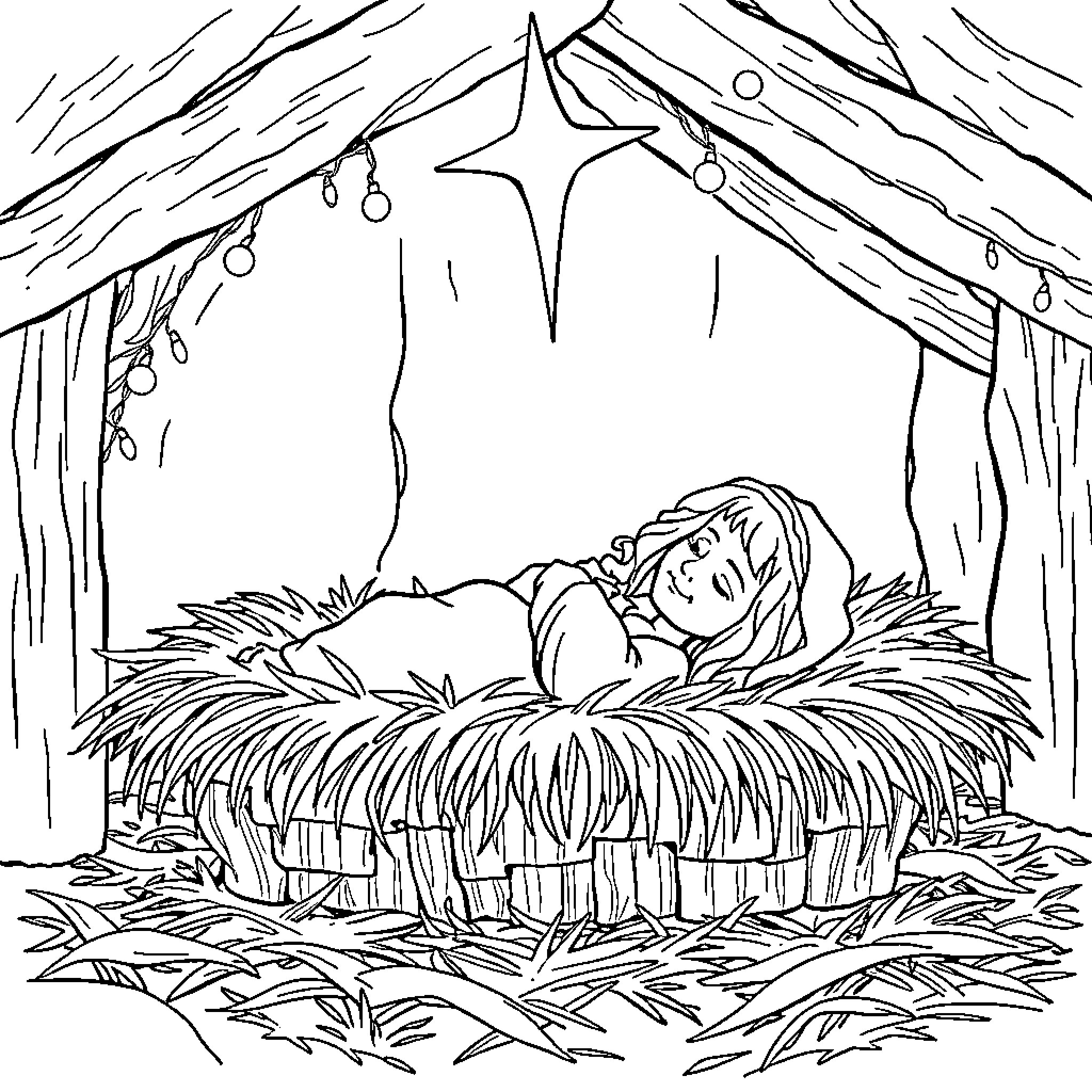 Jesus resting peacefully in the manger Coloring Page (free black-and-white line drawing printable PDF for all, from beginners to advanced learners, including children, teens, adults, and seniors)